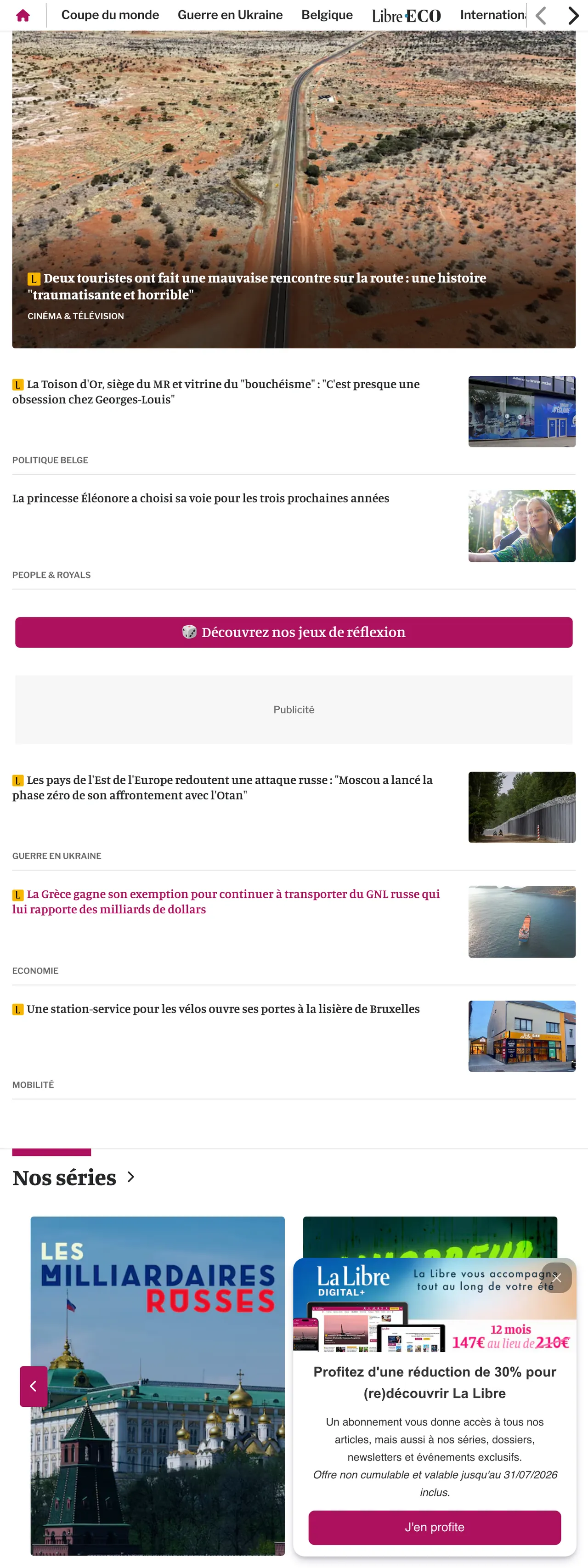 Screenshot of the La Libre front page