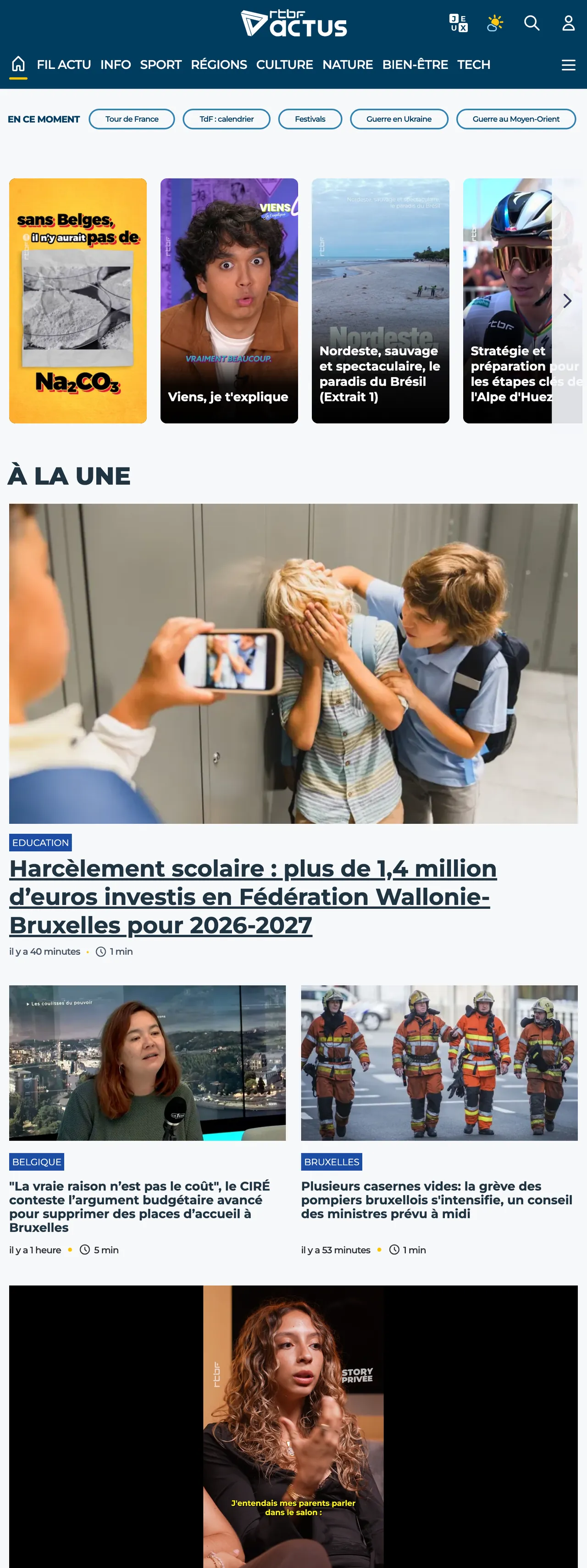 Screenshot of the RTBF front page