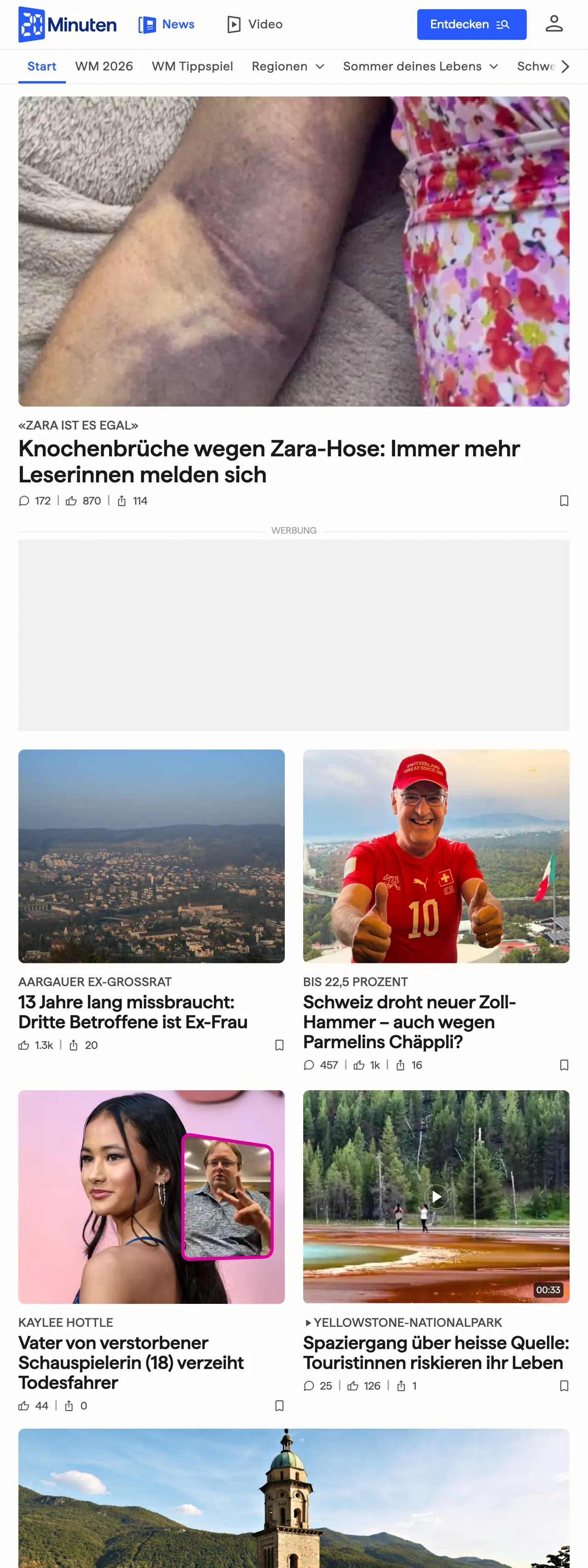 Screenshot of the 20 Minuten front page