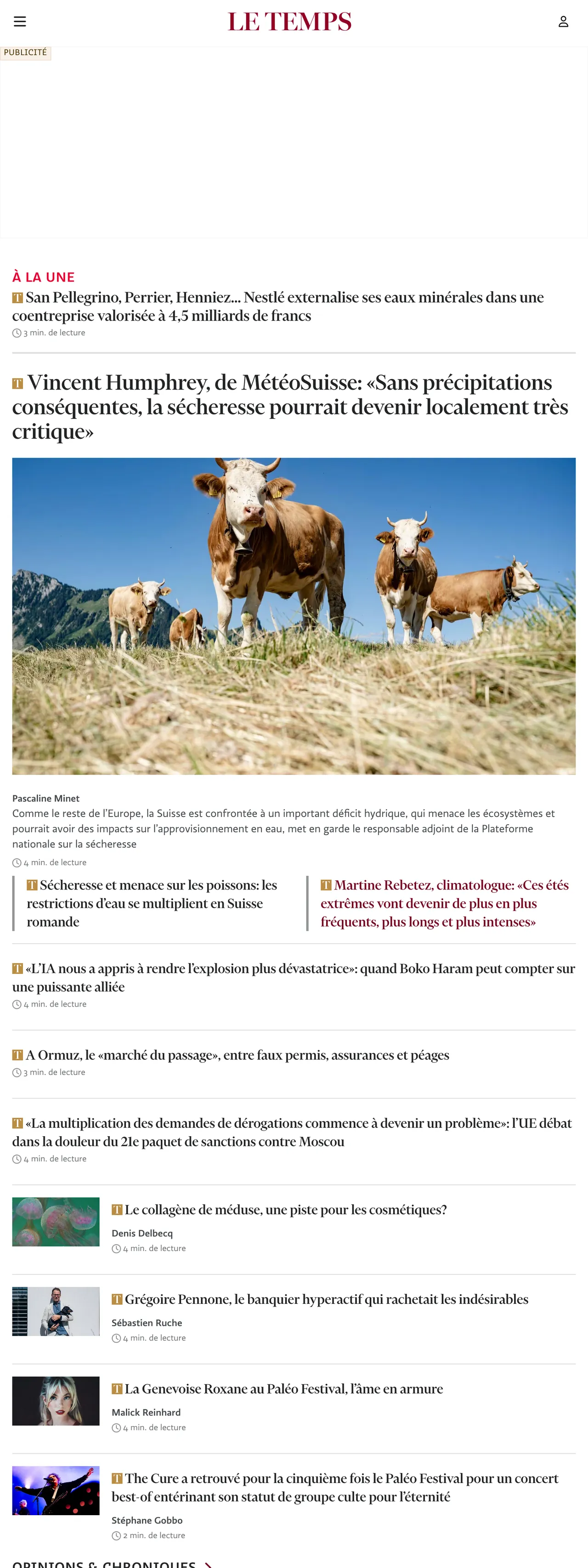 Screenshot of the Le Temps front page