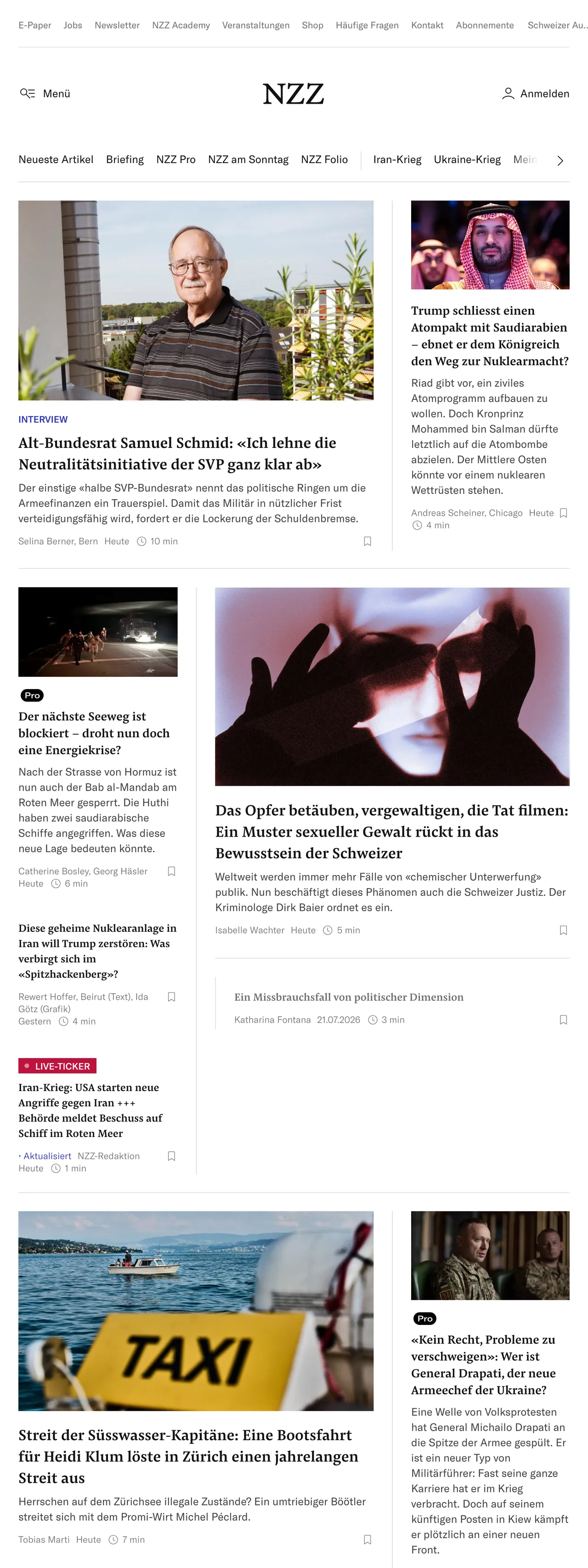 Screenshot of the Neue Zürcher Zeitung front page