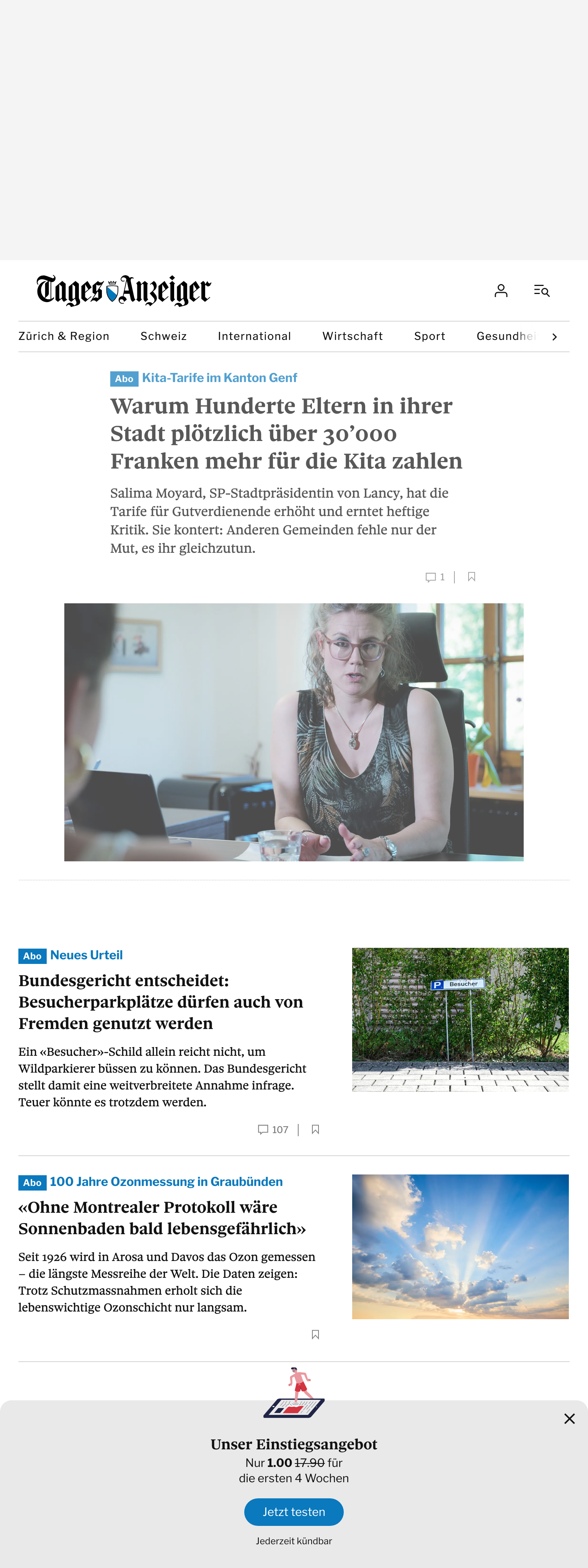 Screenshot of the Tages-Anzeiger front page