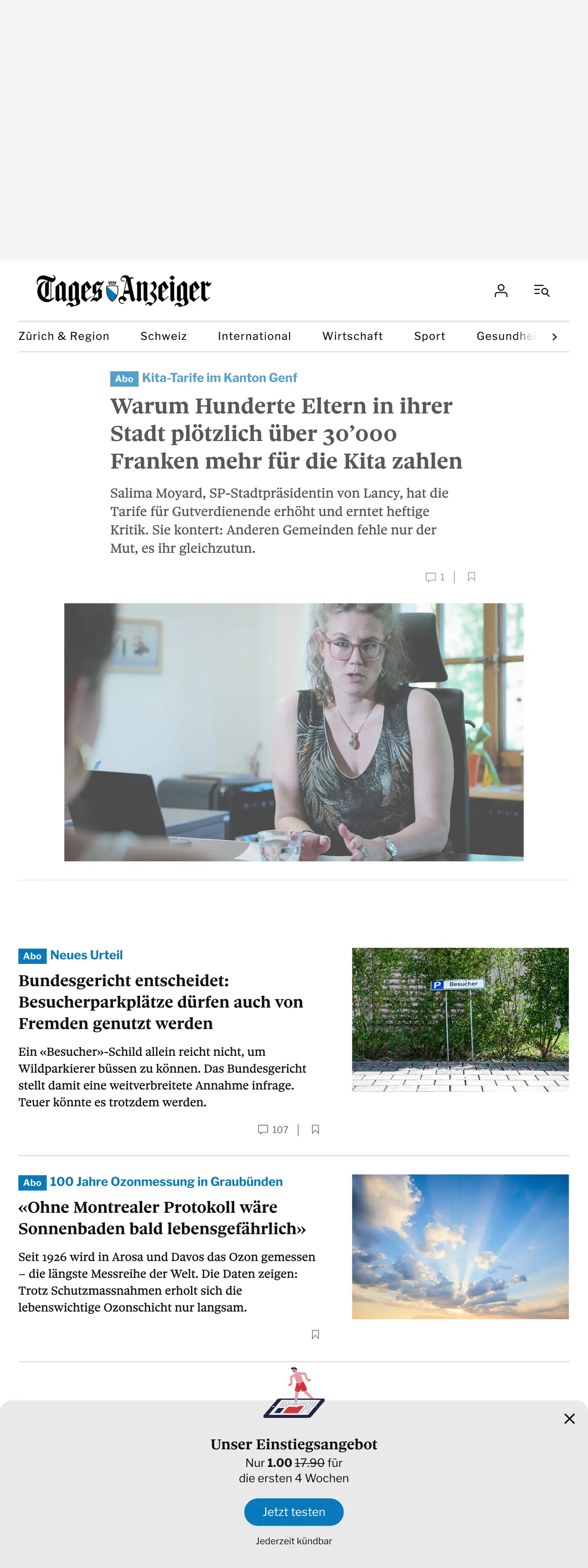 Screenshot of the Tages-Anzeiger front page