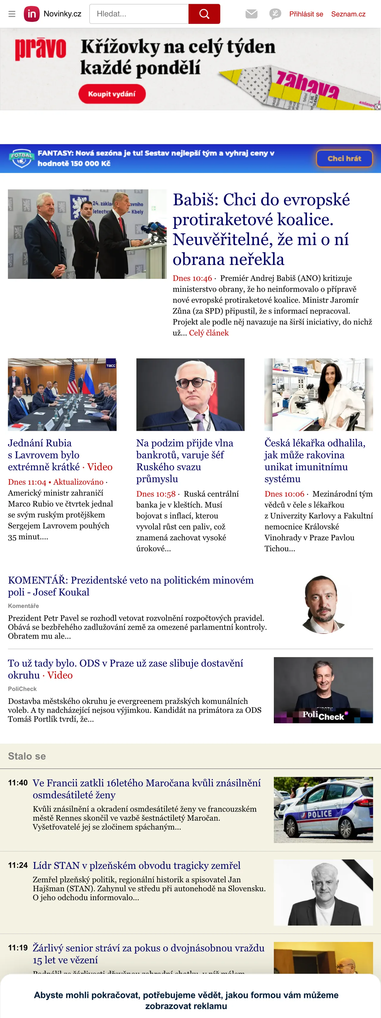 Screenshot of the Novinky.cz front page