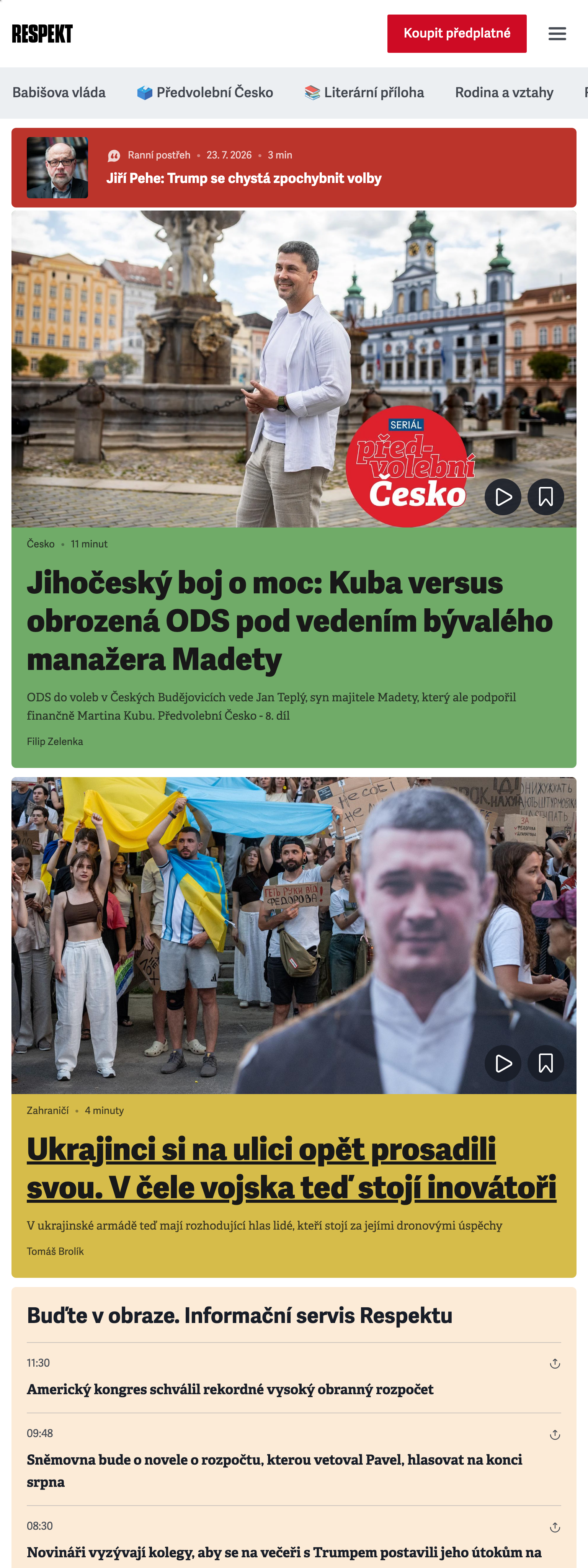 Screenshot of the Respekt front page