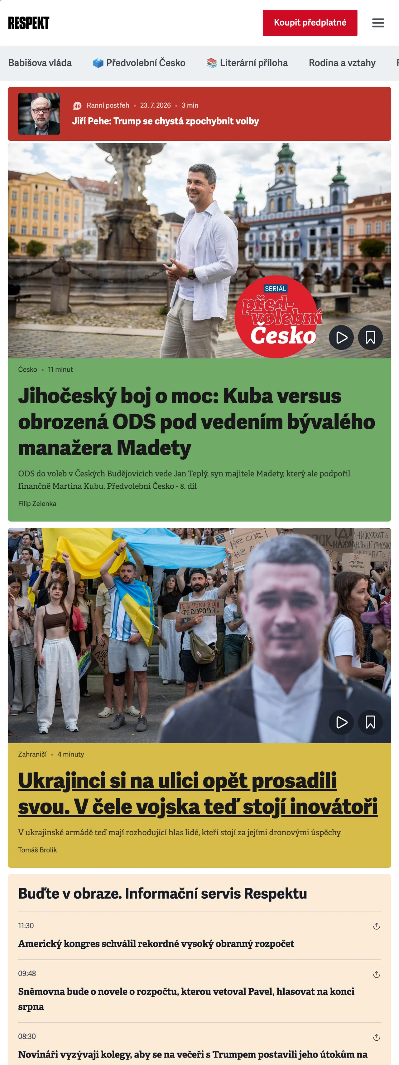 Screenshot of the Respekt front page