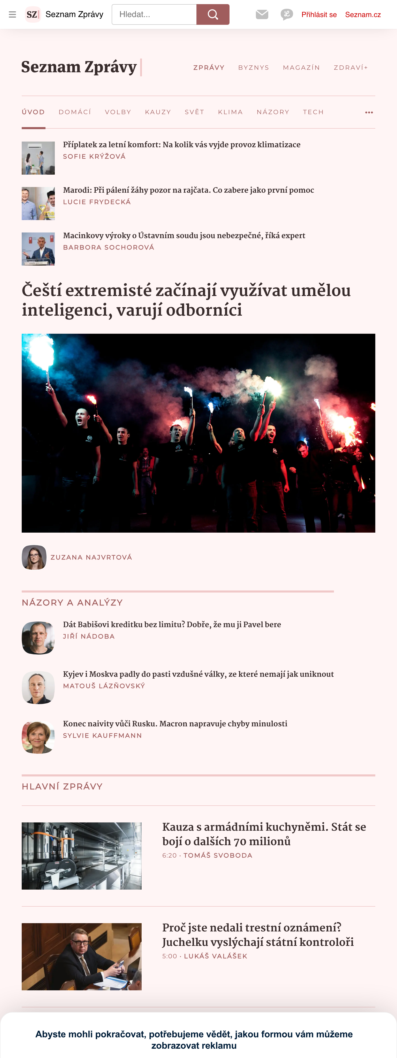 Screenshot of the Seznam Zprávy front page