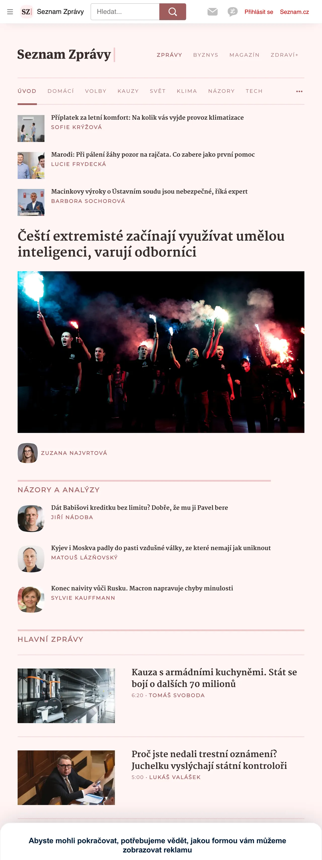Screenshot of the Seznam Zprávy front page