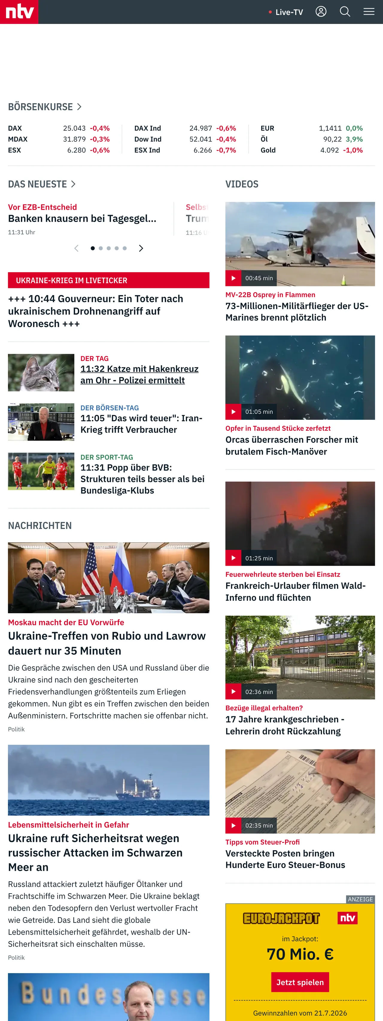 Screenshot of the n-tv front page