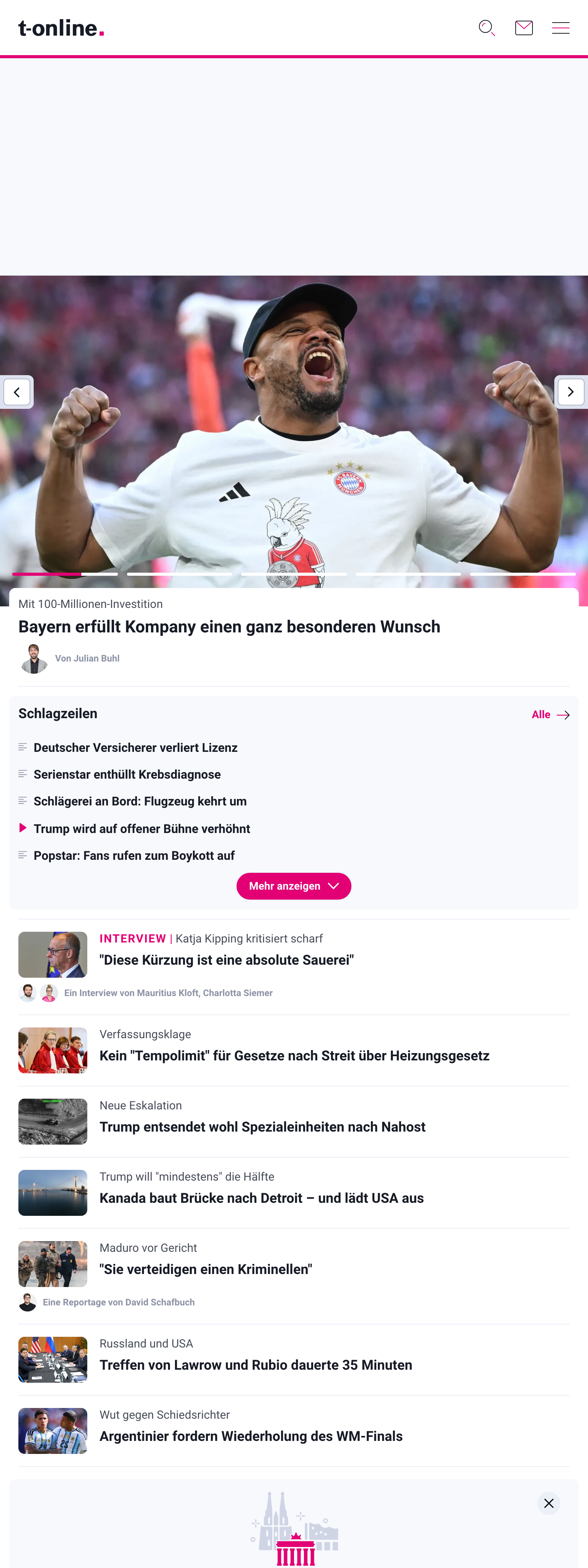 Screenshot of the t-online front page
