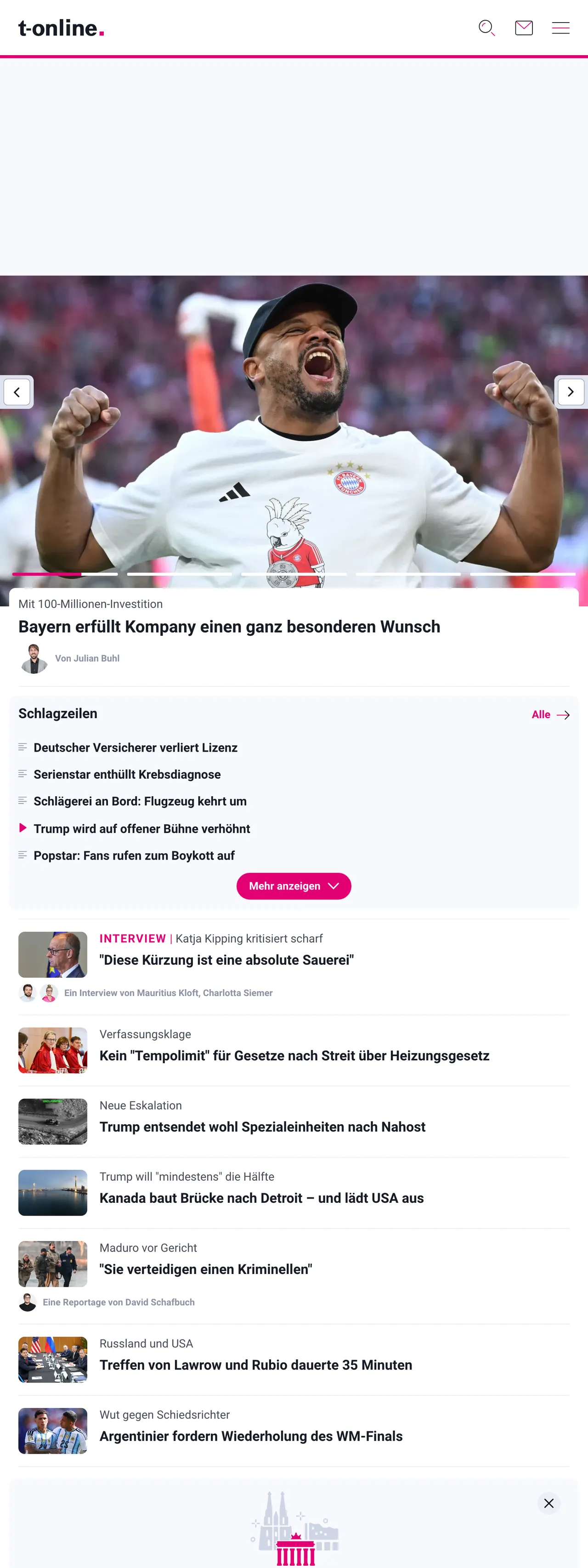 Screenshot of the t-online front page