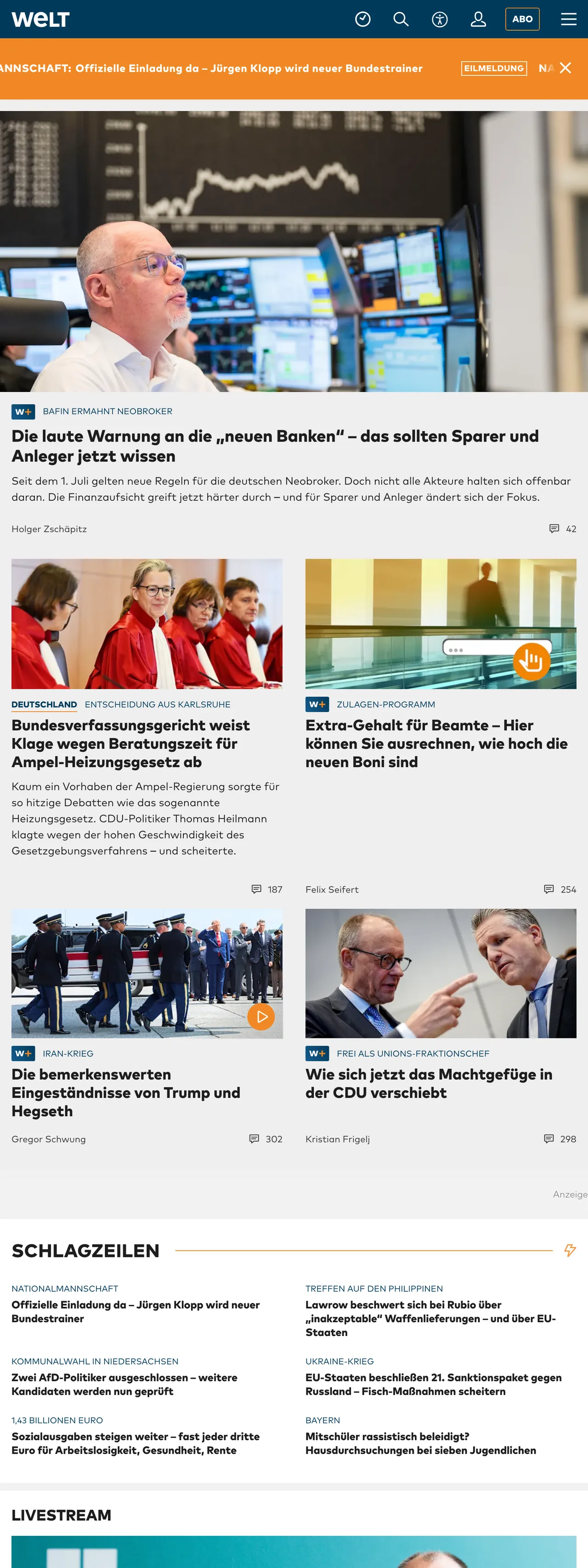 Screenshot of the WELT front page