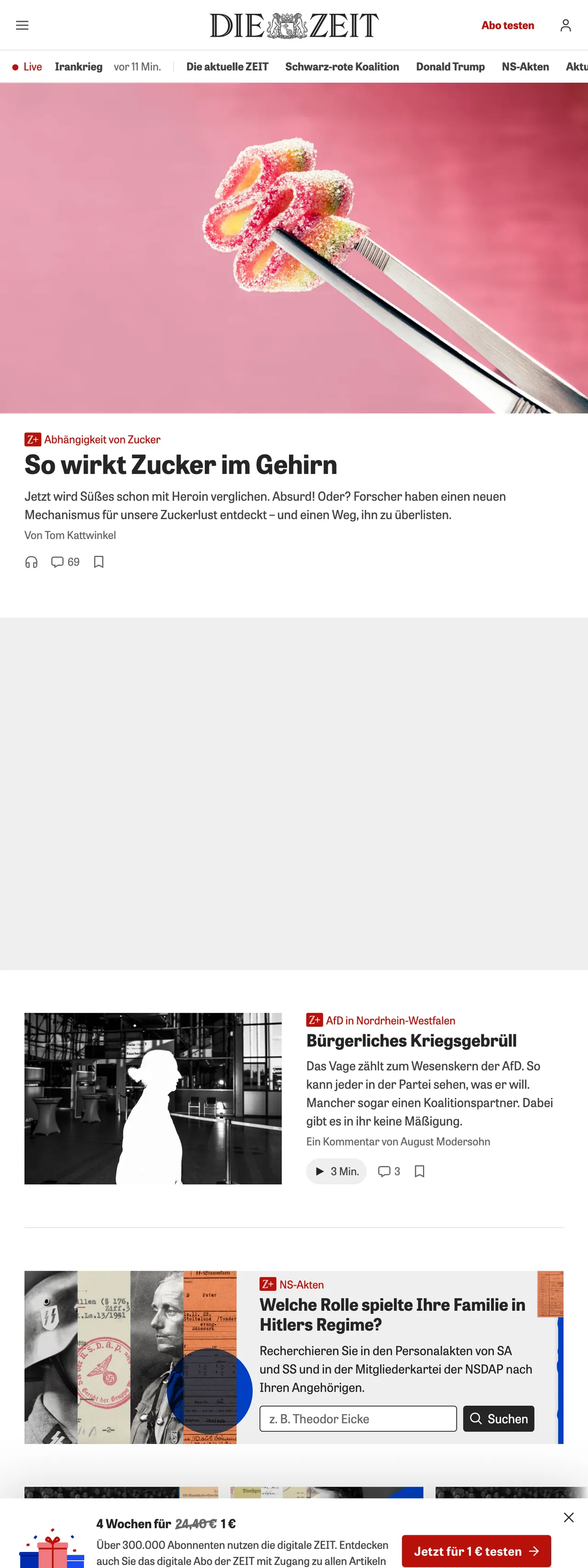Screenshot of the ZEIT ONLINE front page
