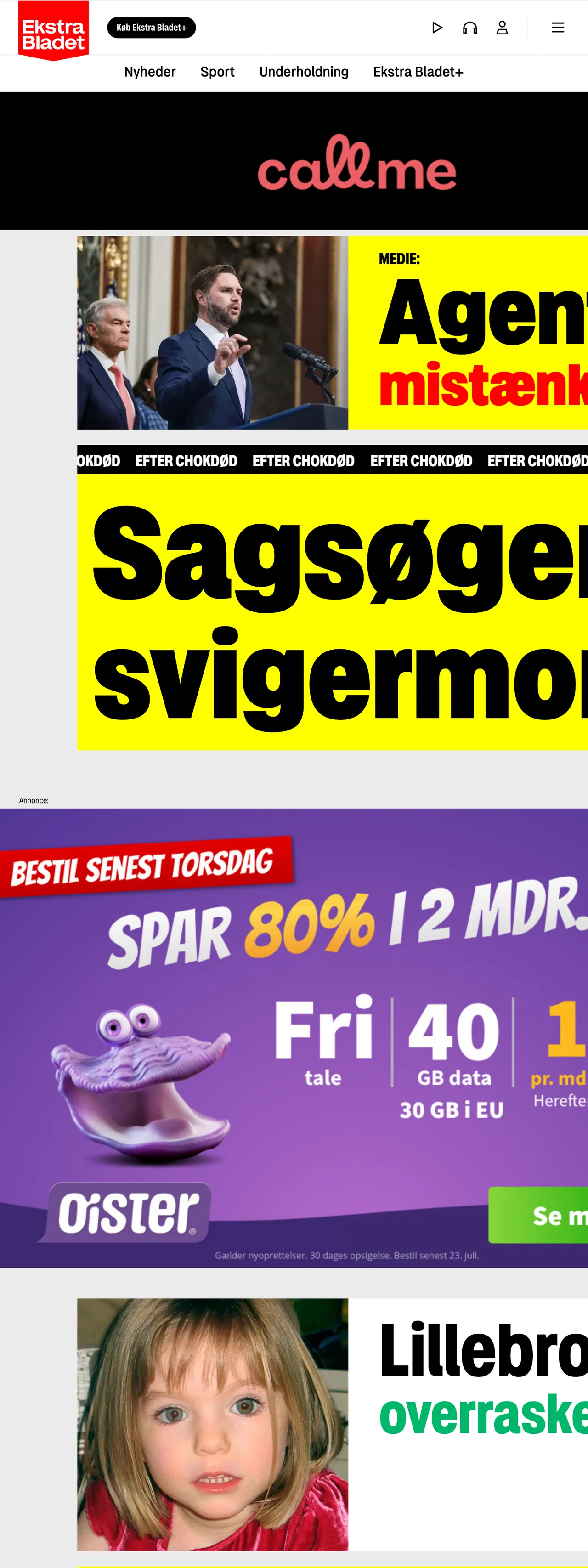 Screenshot of the Ekstra Bladet front page