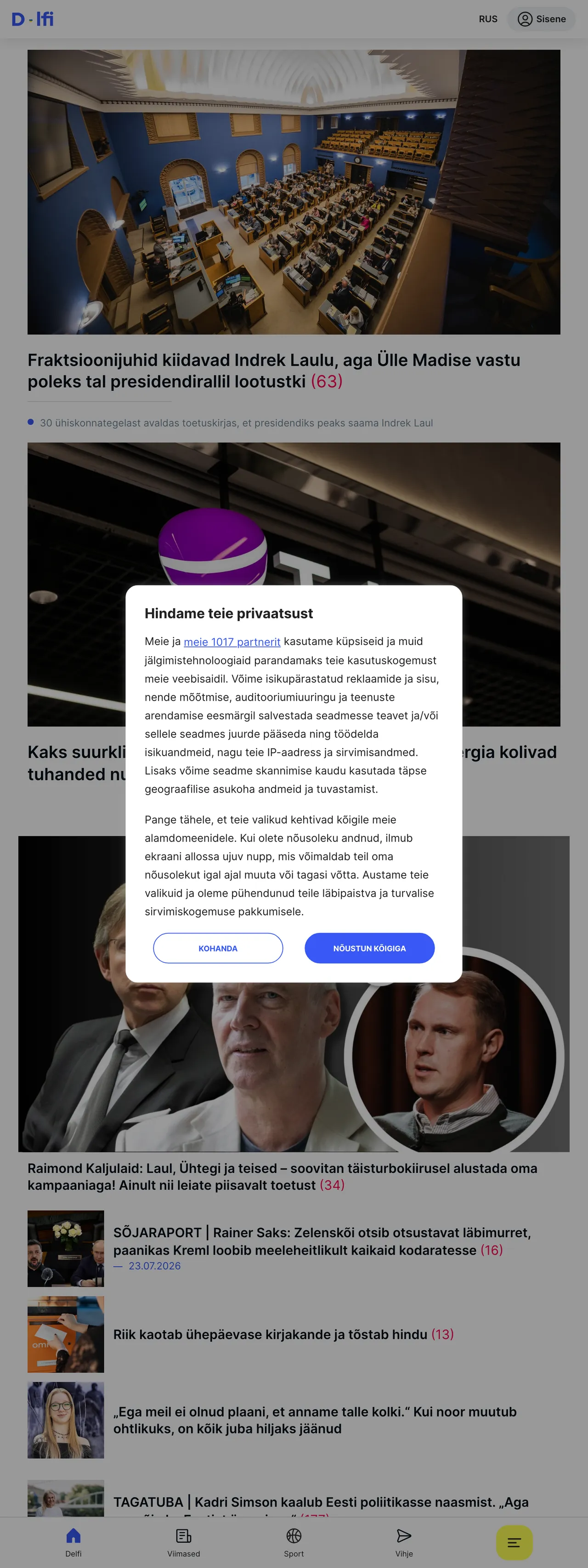 Screenshot of the Delfi front page