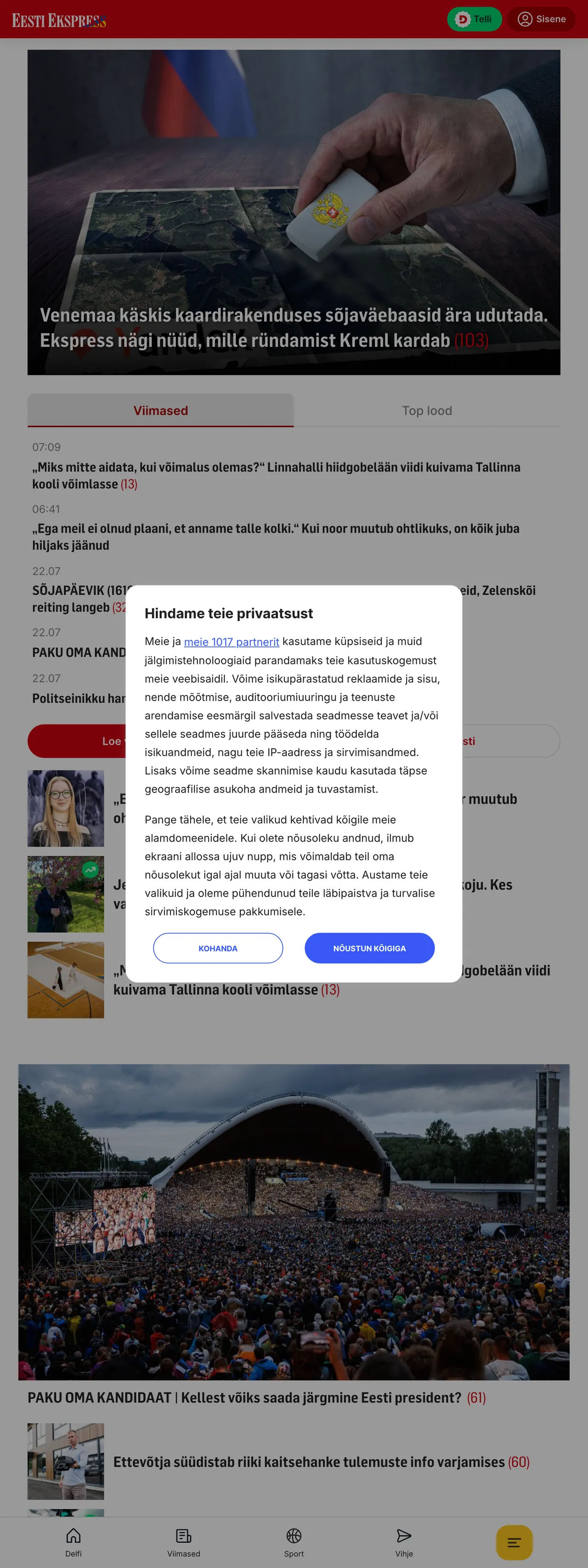 Screenshot of the Eesti Ekspress front page