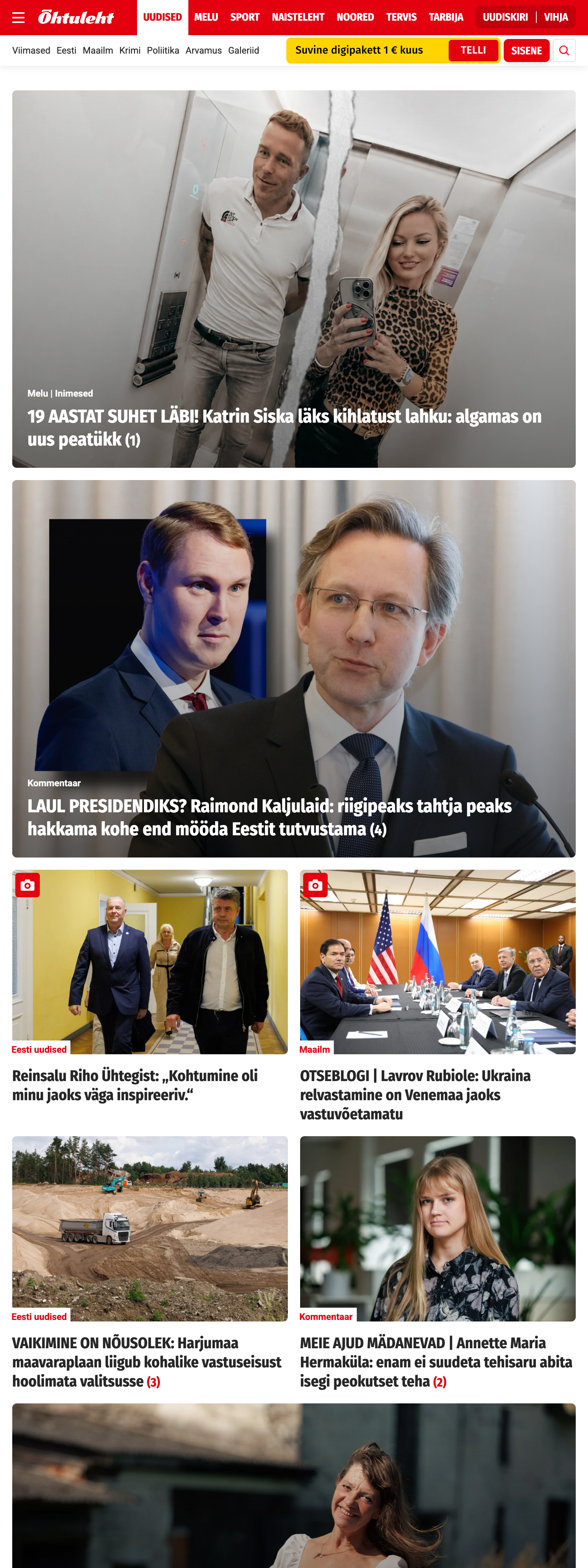 Screenshot of the Õhtuleht front page