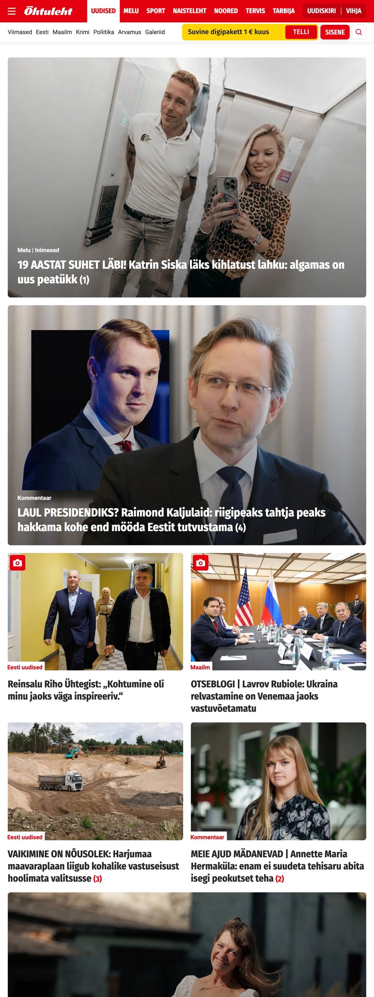 Screenshot of the Õhtuleht front page