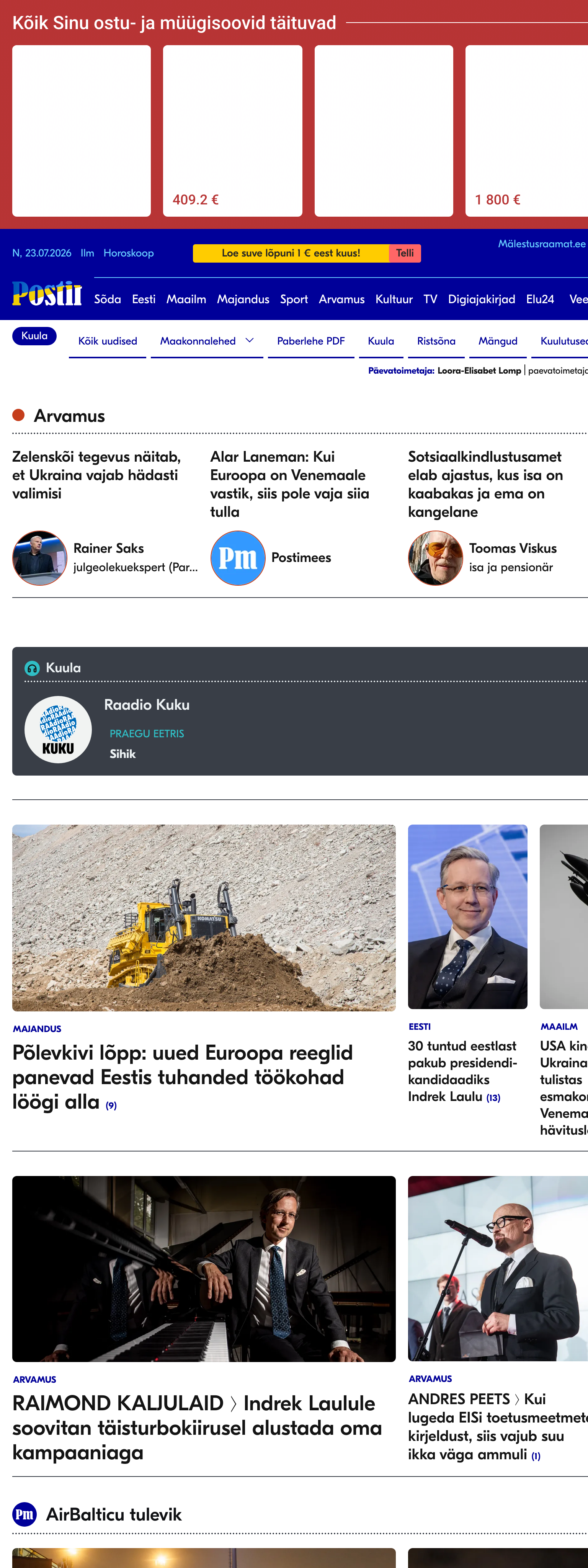 Screenshot of the Postimees front page