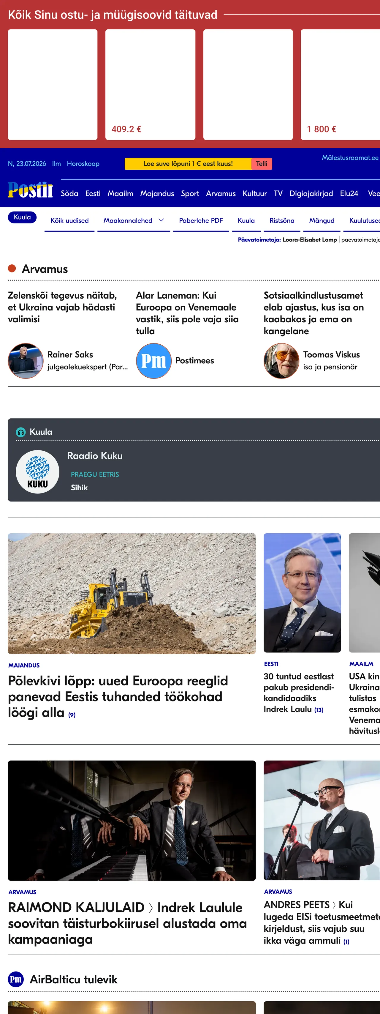 Screenshot of the Postimees front page