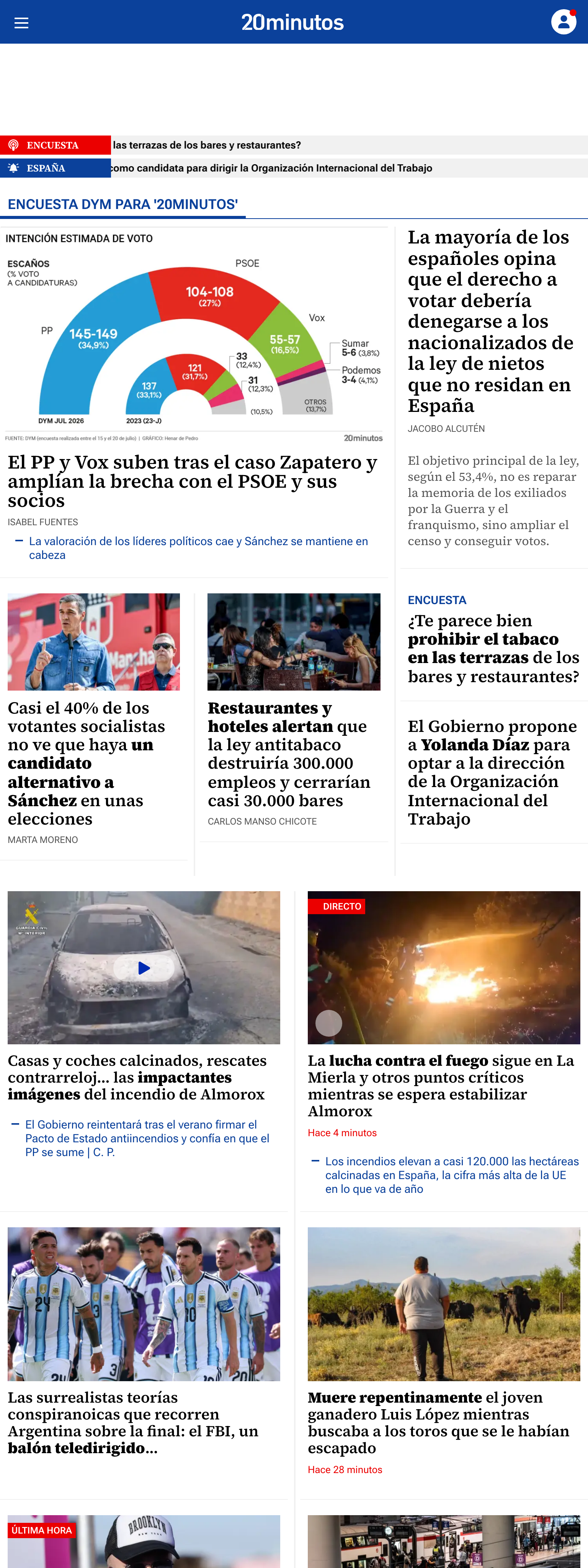 Screenshot of the 20minutos front page