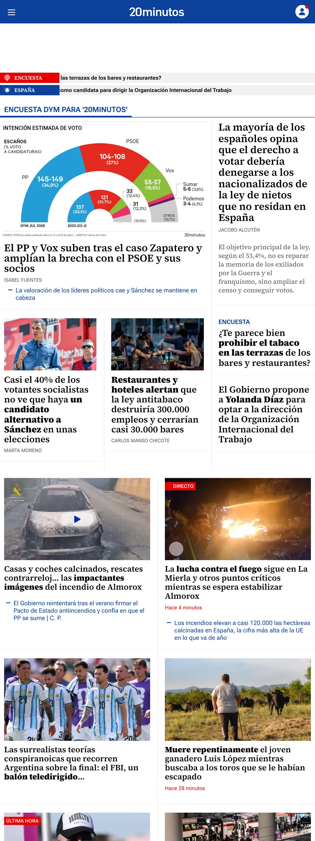 Screenshot of the 20minutos front page