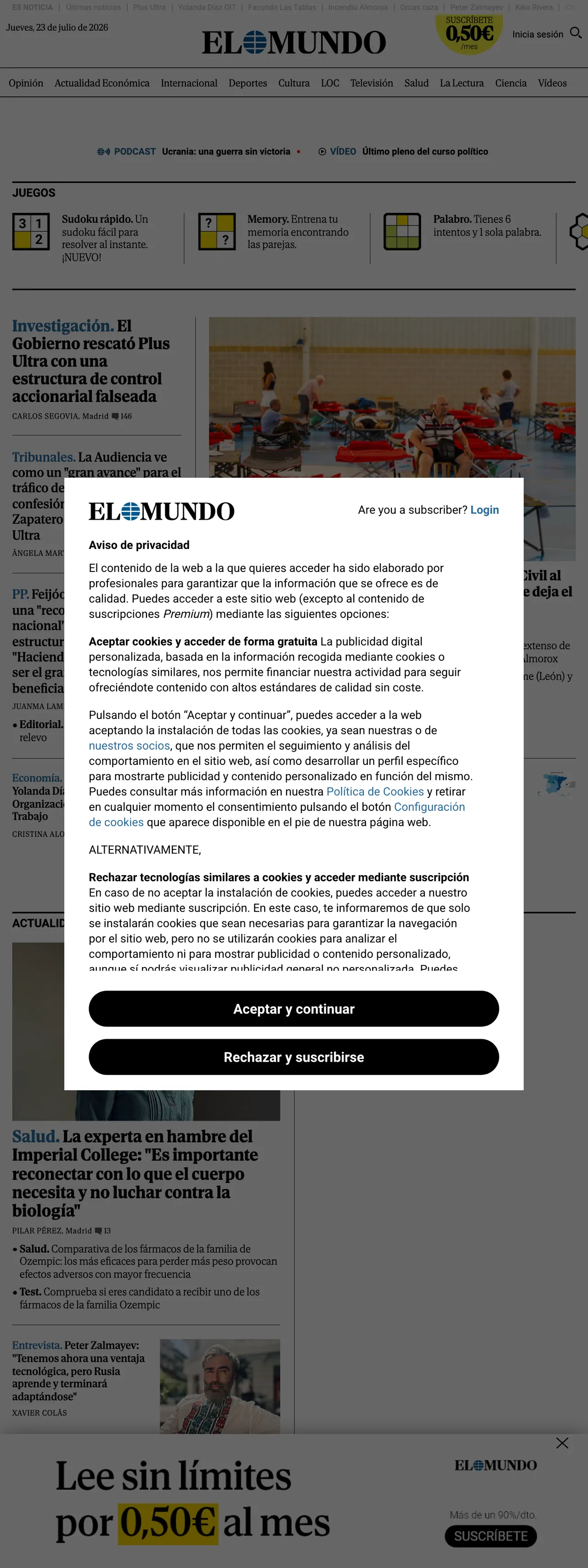 Screenshot of the El Mundo front page