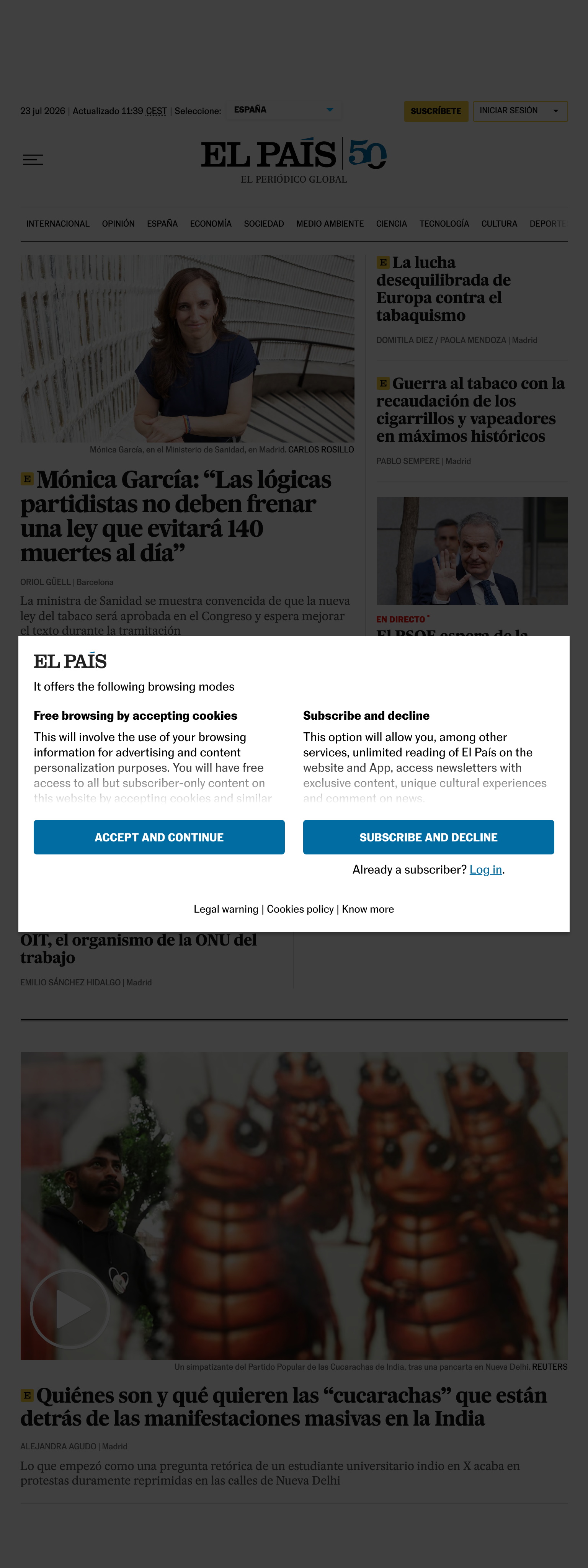 Screenshot of the EL PAÍS front page