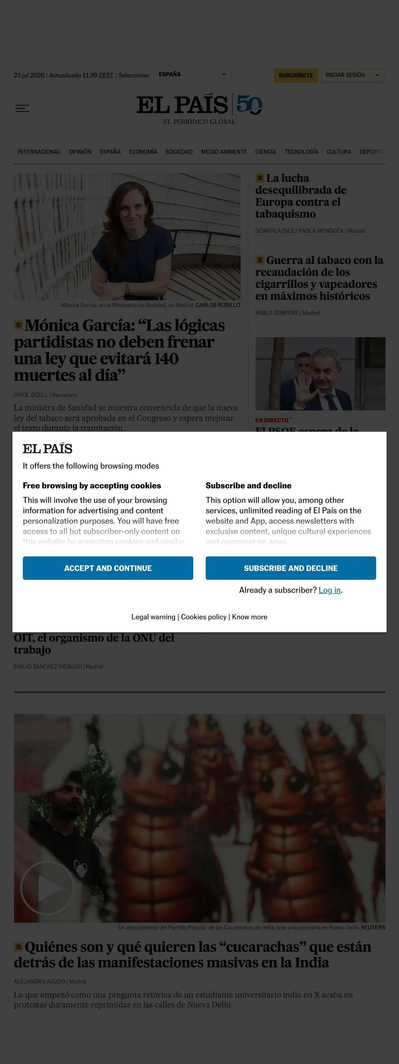 Screenshot of the EL PAÍS front page