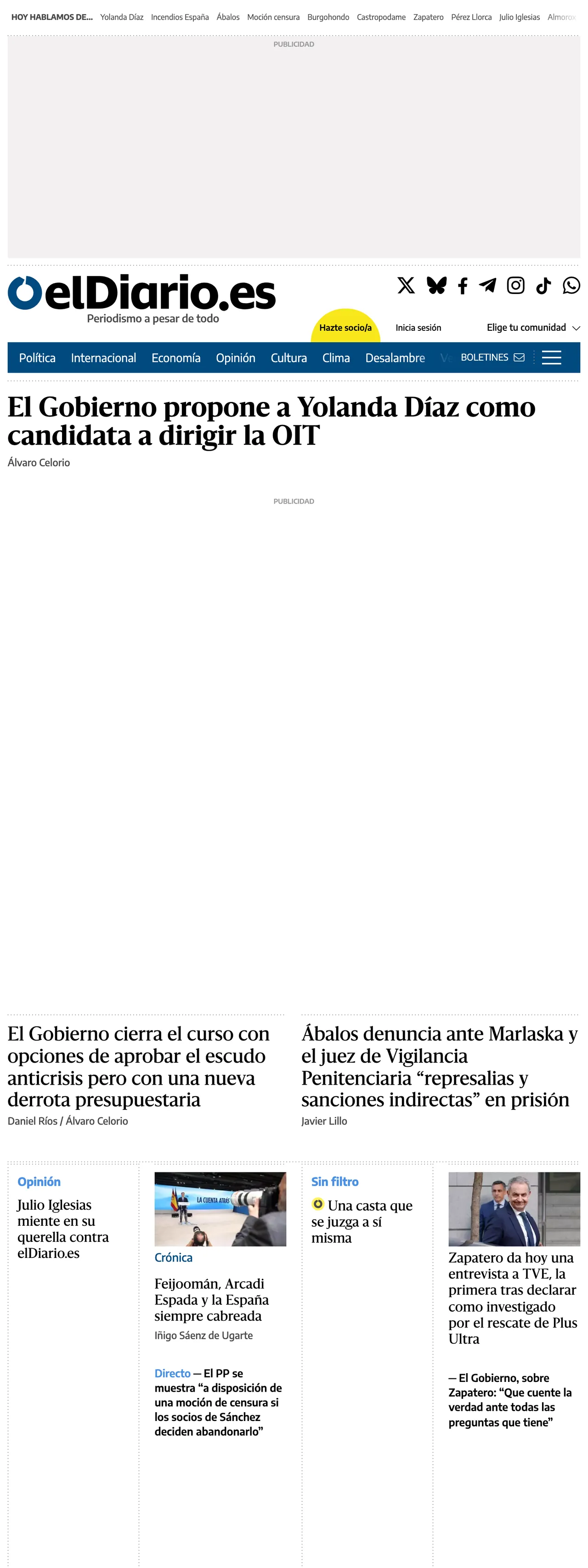 Screenshot of the elDiario.es front page