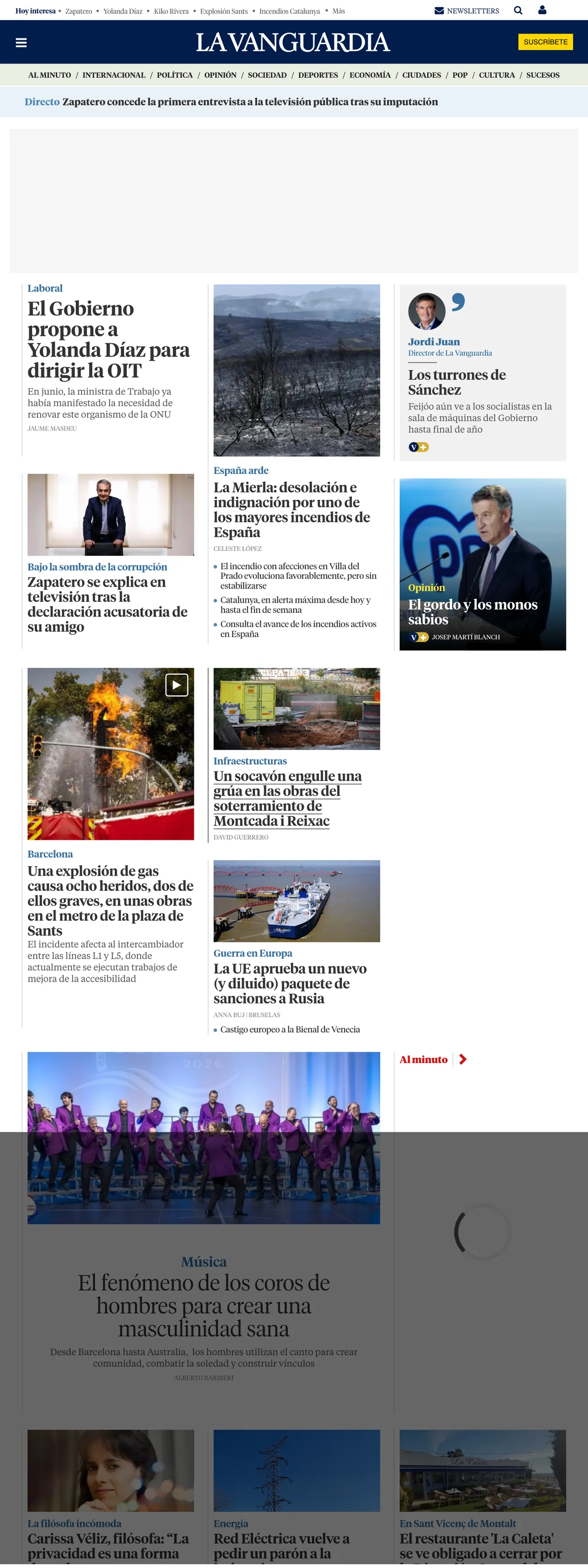 Screenshot of the La Vanguardia front page