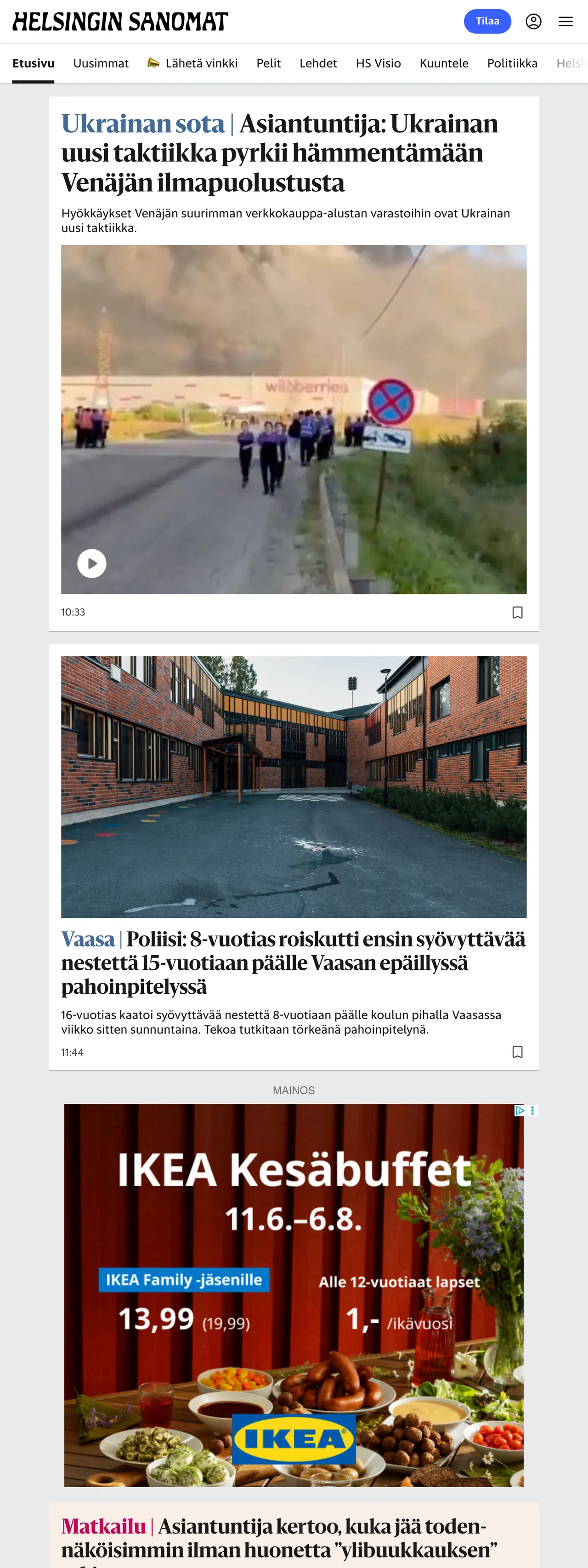 Screenshot of the Helsingin Sanomat front page