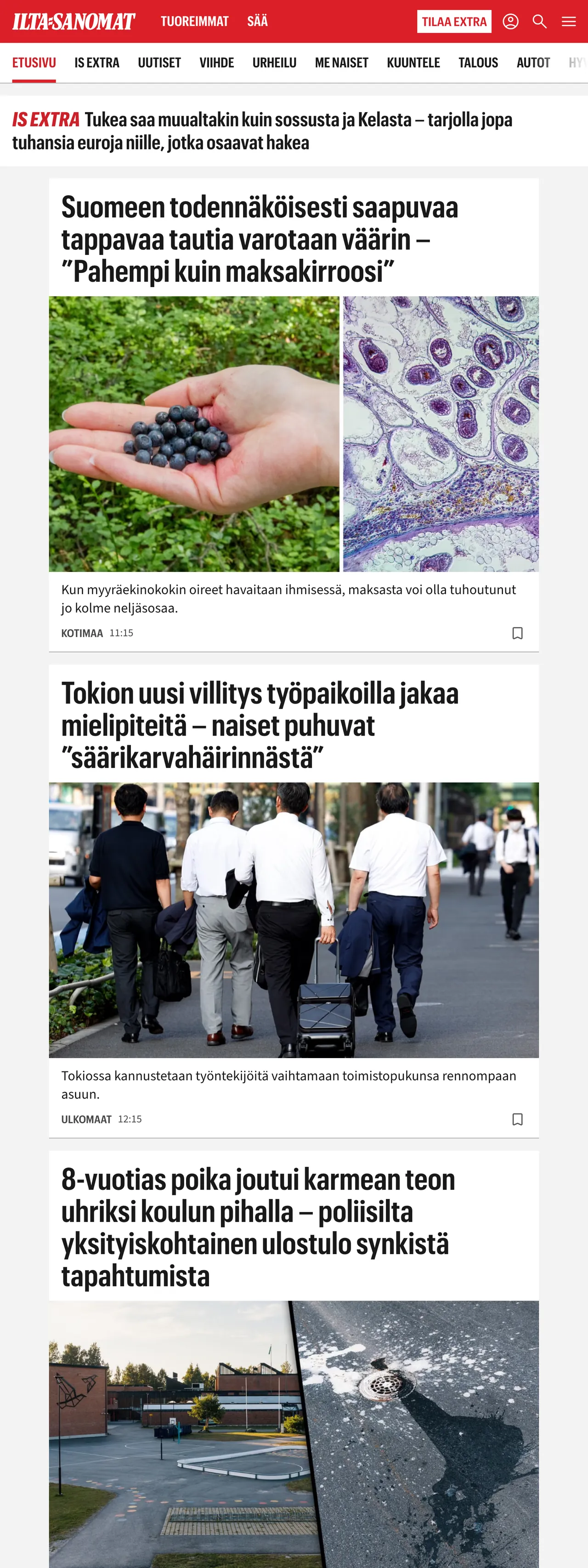 Screenshot of the Ilta-Sanomat front page