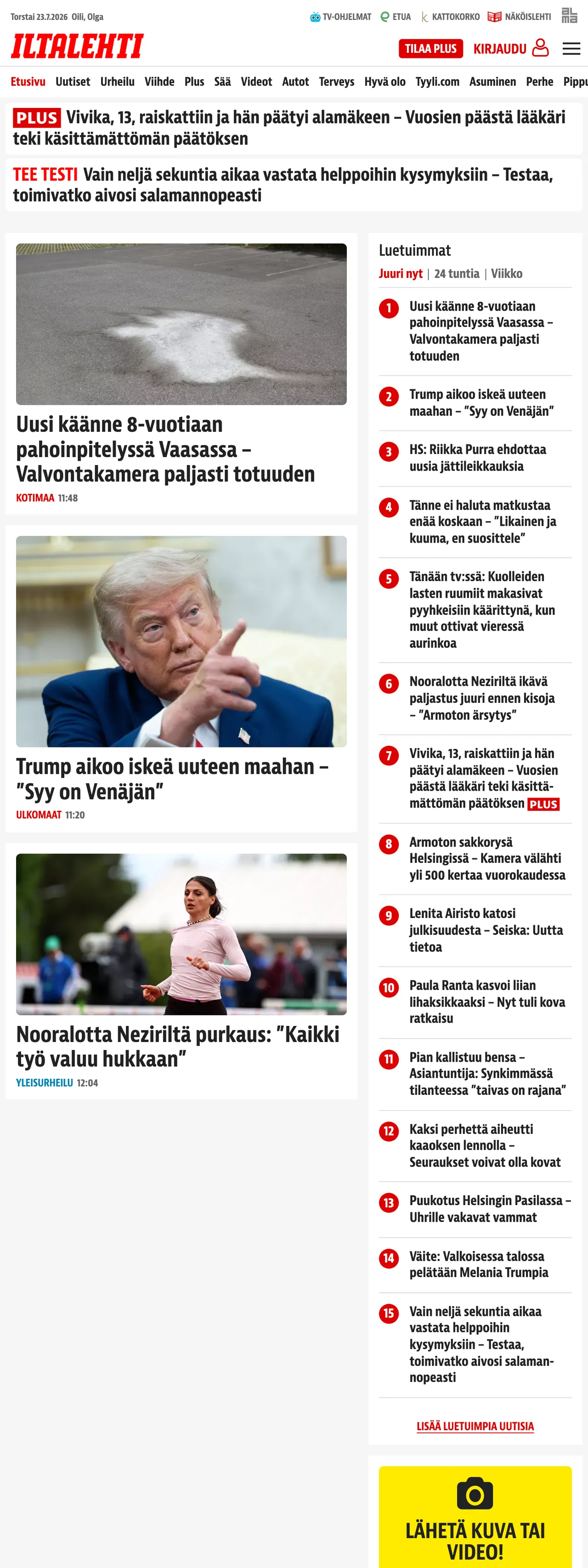 Screenshot of the Iltalehti front page