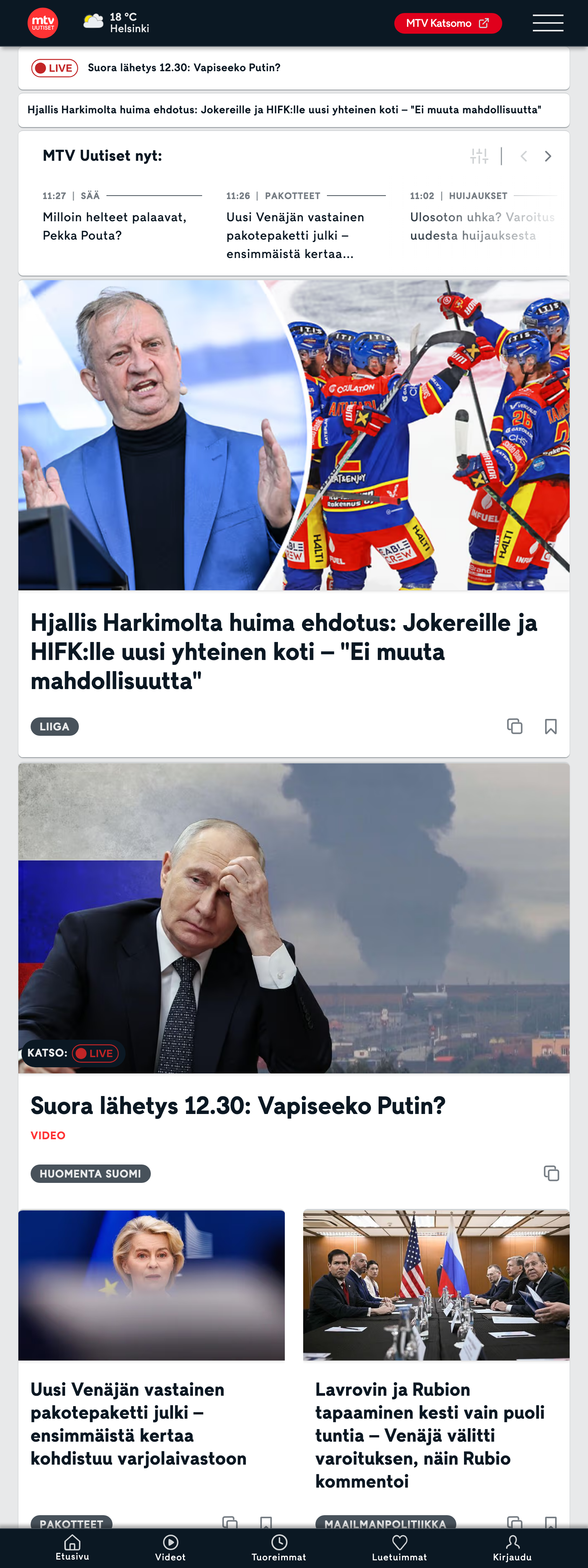 Screenshot of the MTV Uutiset front page