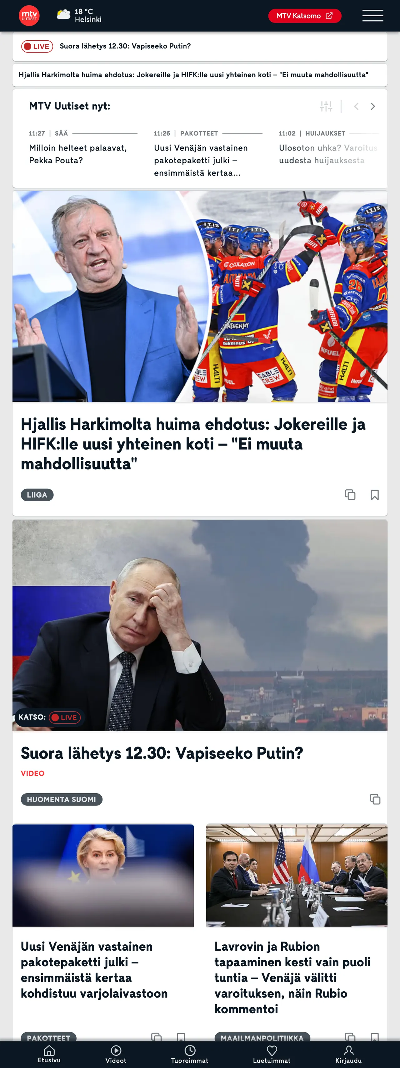 Screenshot of the MTV Uutiset front page