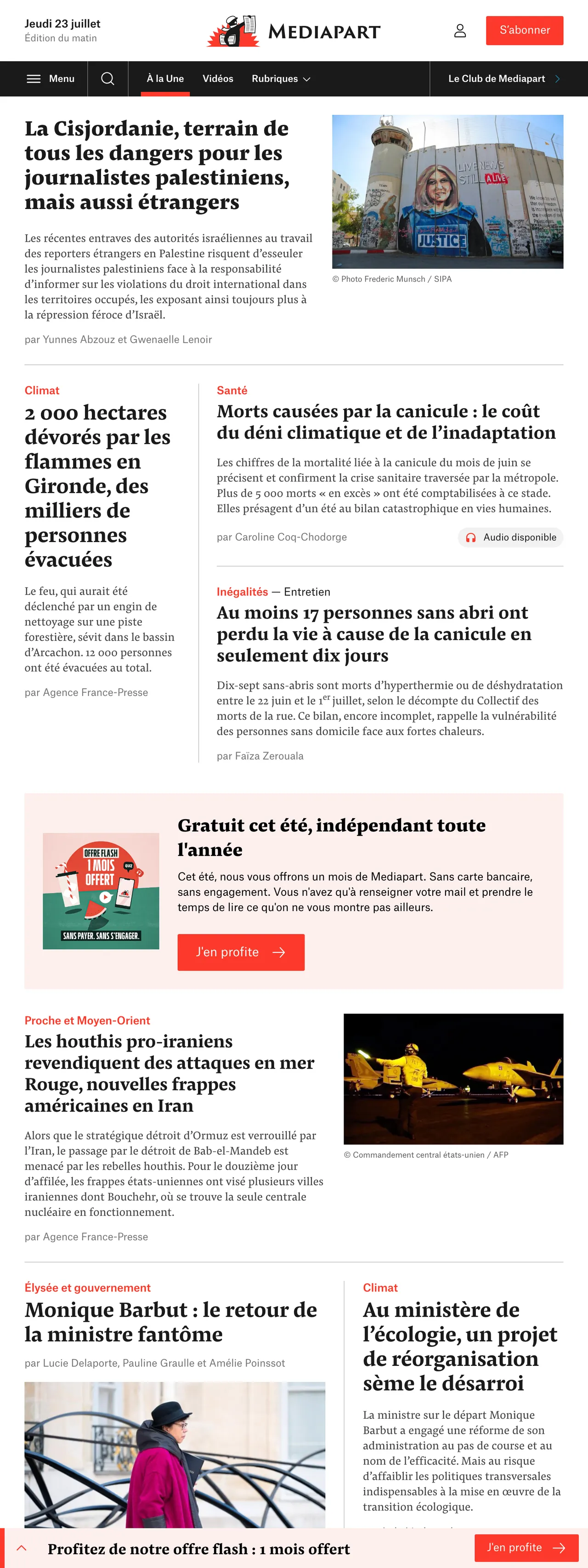 Screenshot of the Mediapart front page