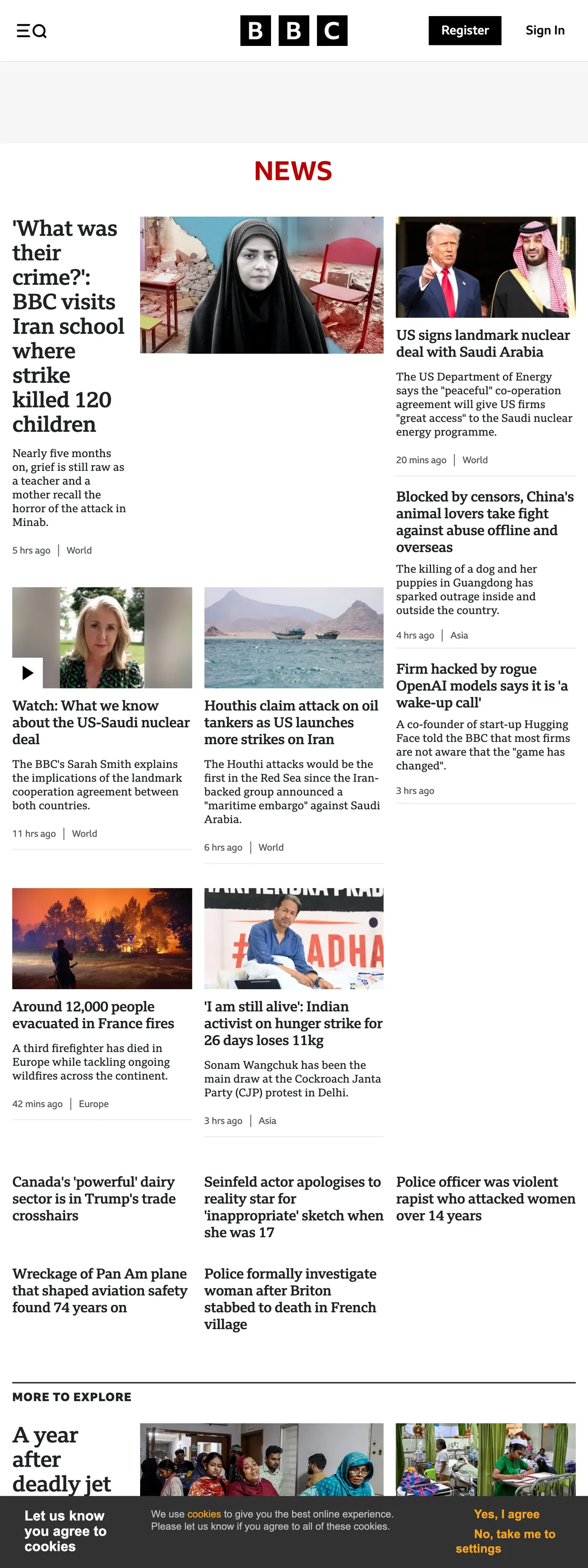 Screenshot of the BBC News front page
