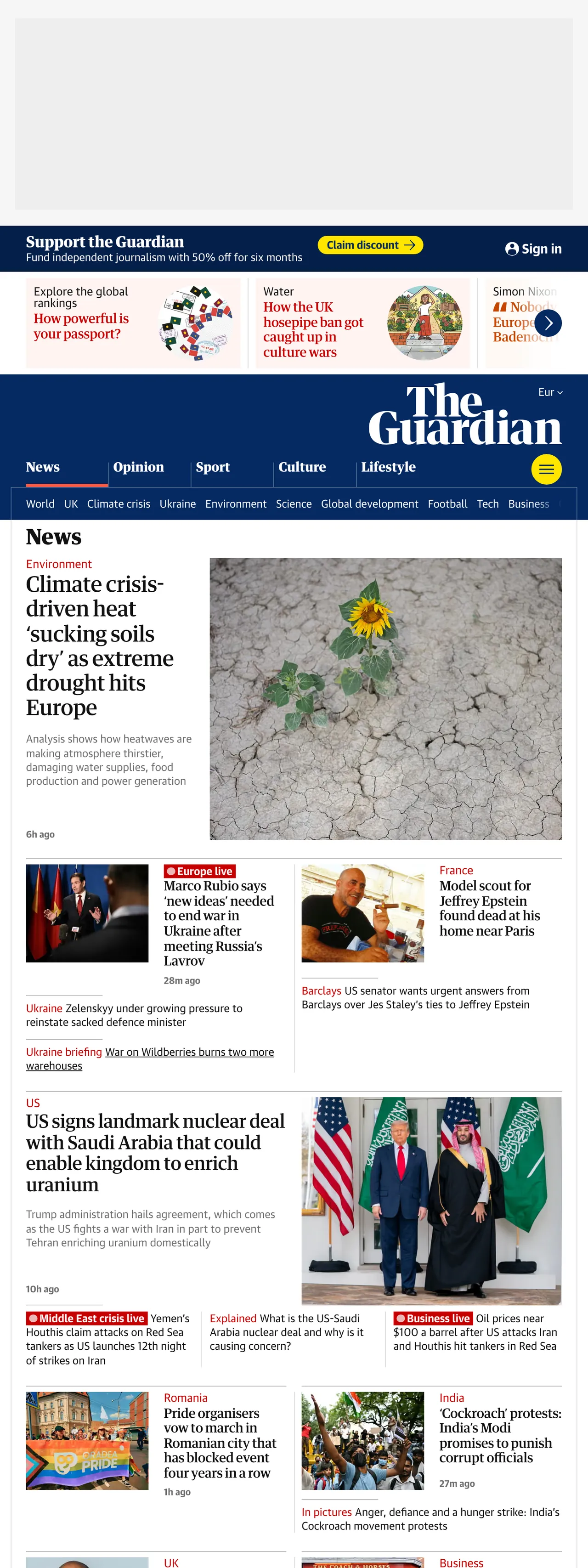 Screenshot of the The Guardian front page