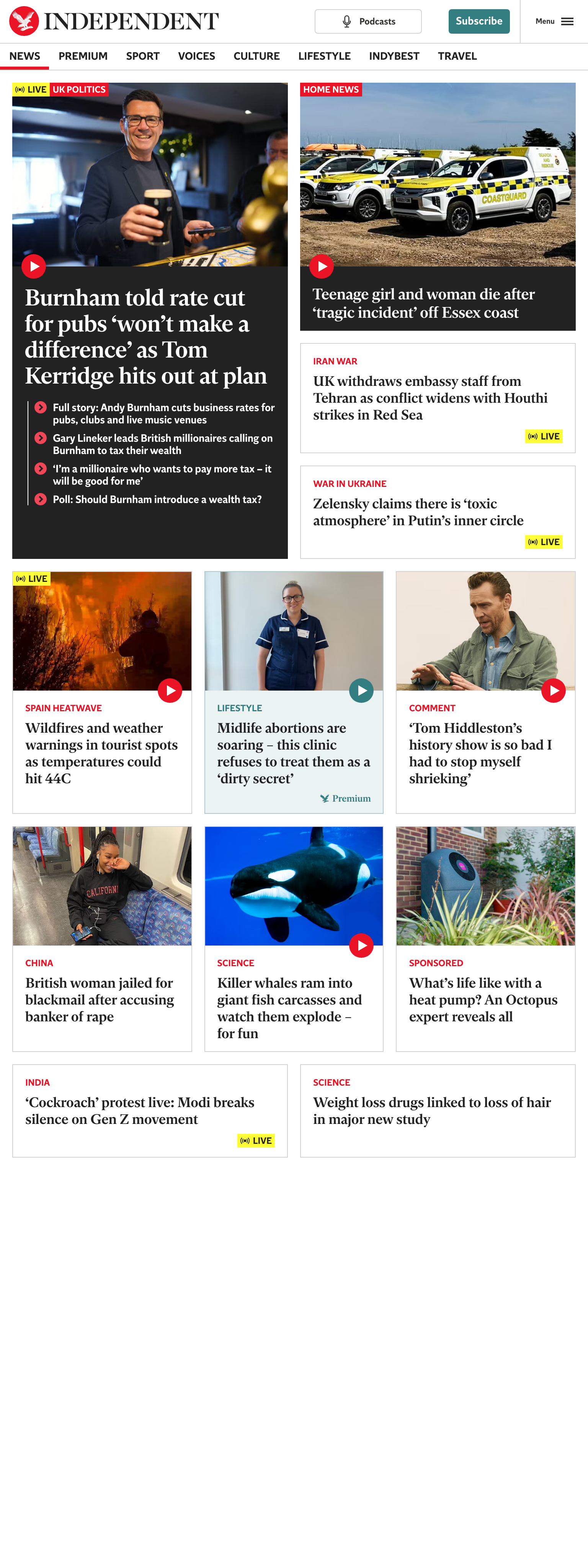 Screenshot of the The Independent front page