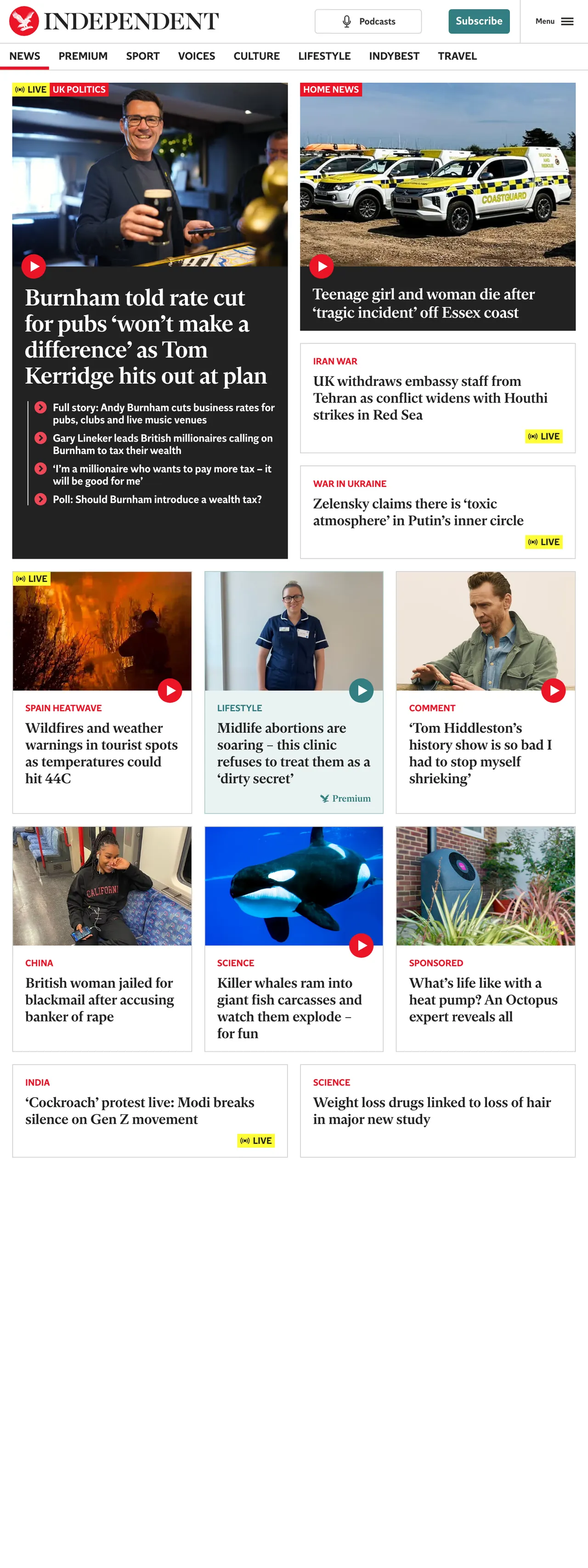 Screenshot of the The Independent front page