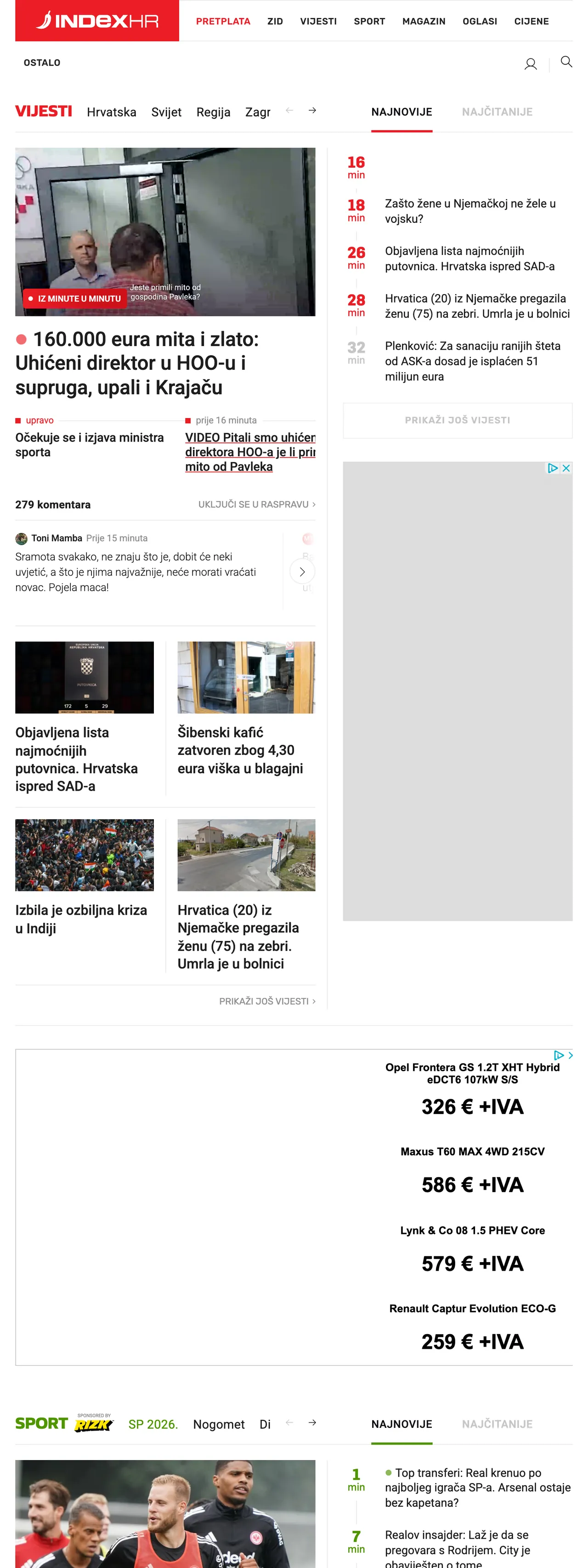 Screenshot of the Index.hr front page