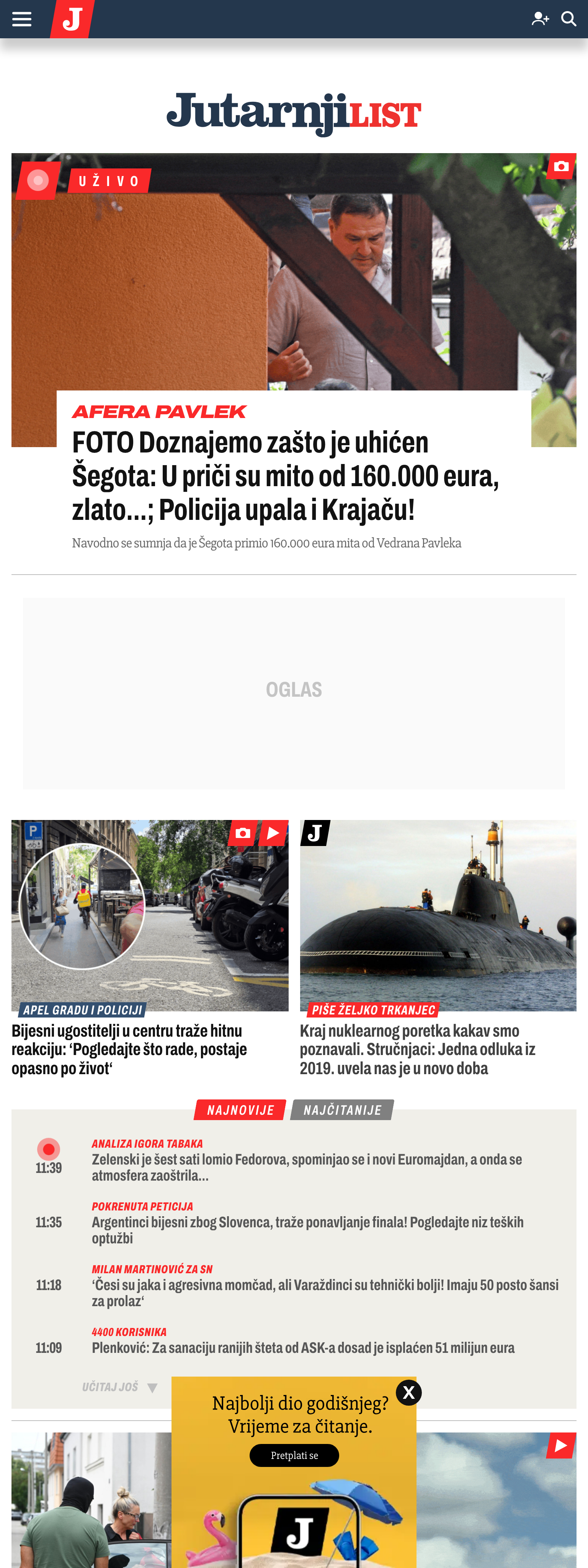 Screenshot of the Jutarnji list front page