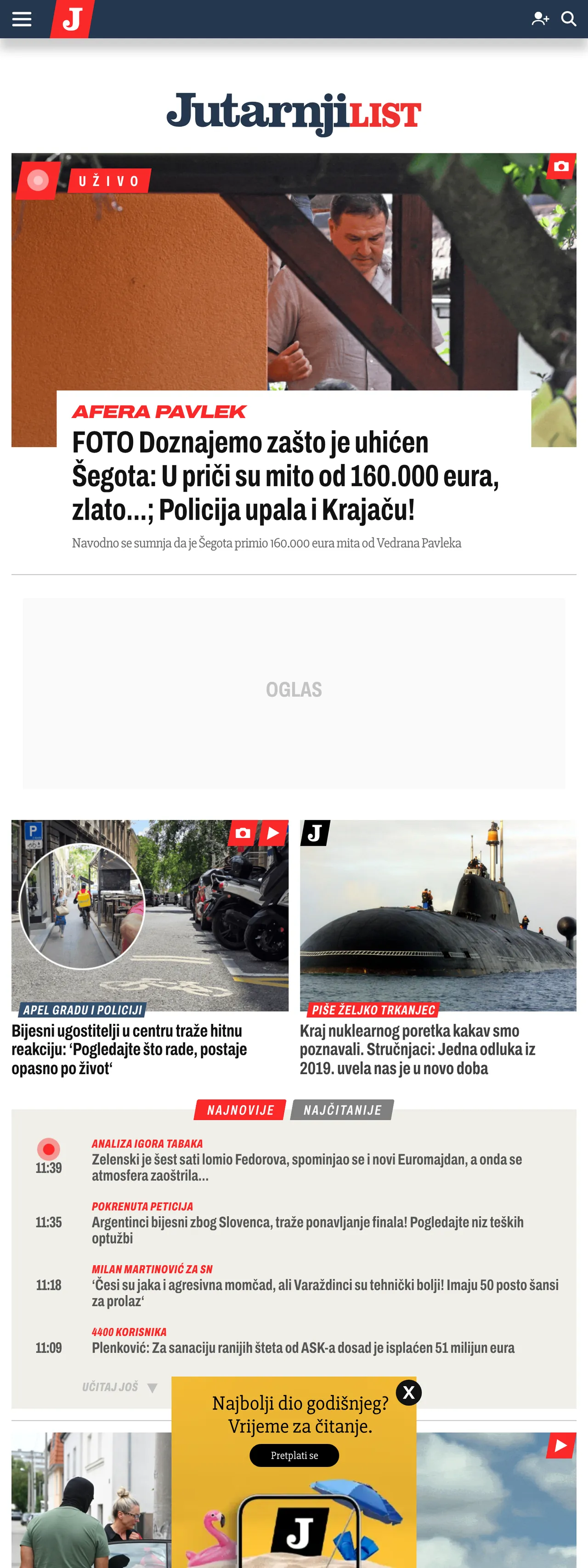 Screenshot of the Jutarnji list front page