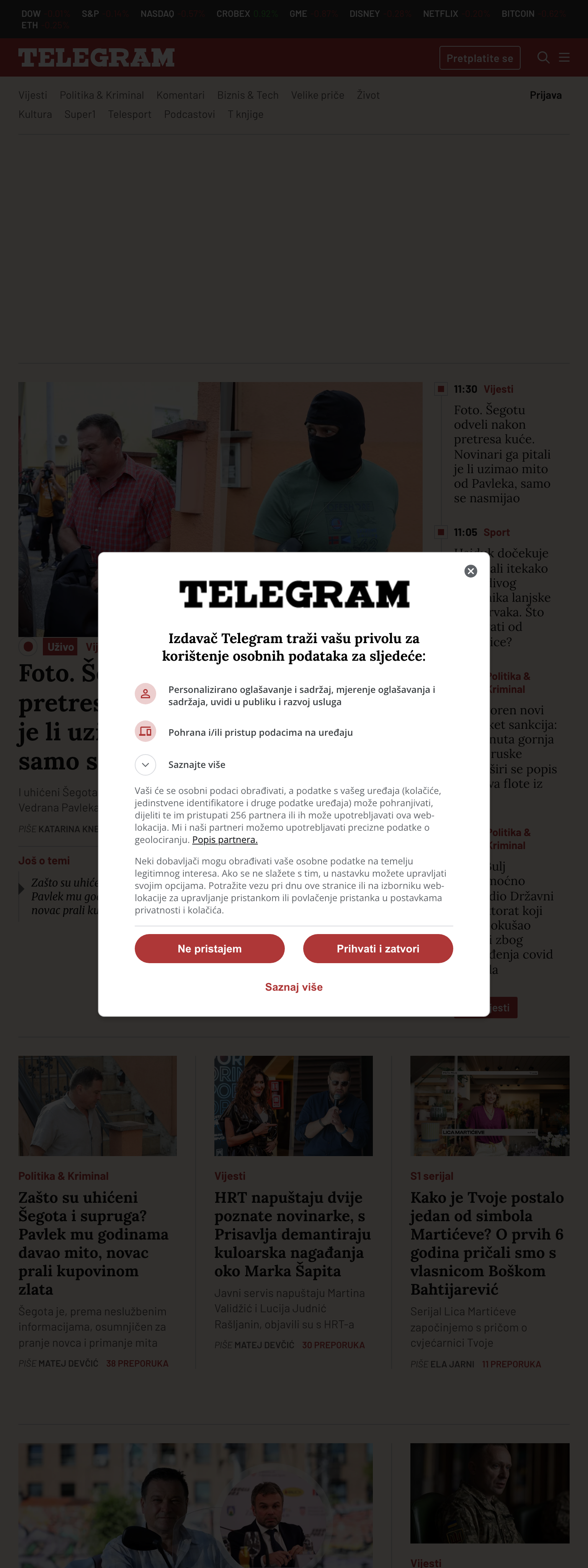 Screenshot of the Telegram.hr front page