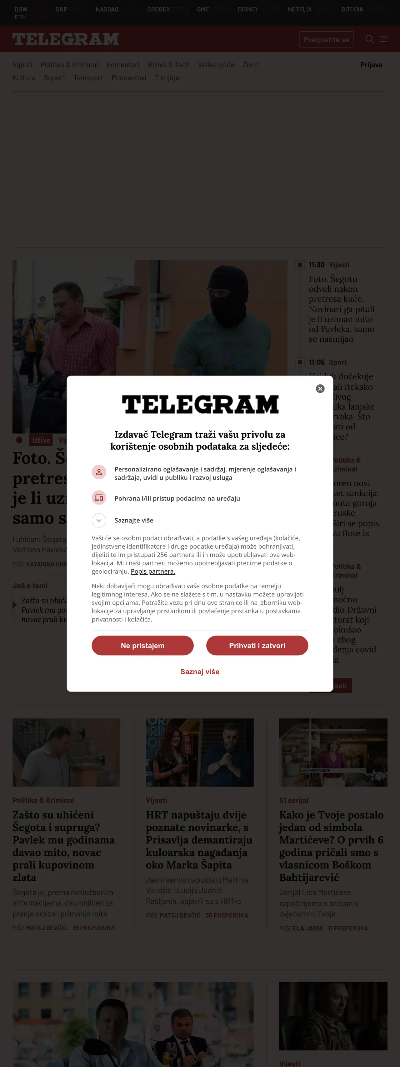 Screenshot of the Telegram.hr front page
