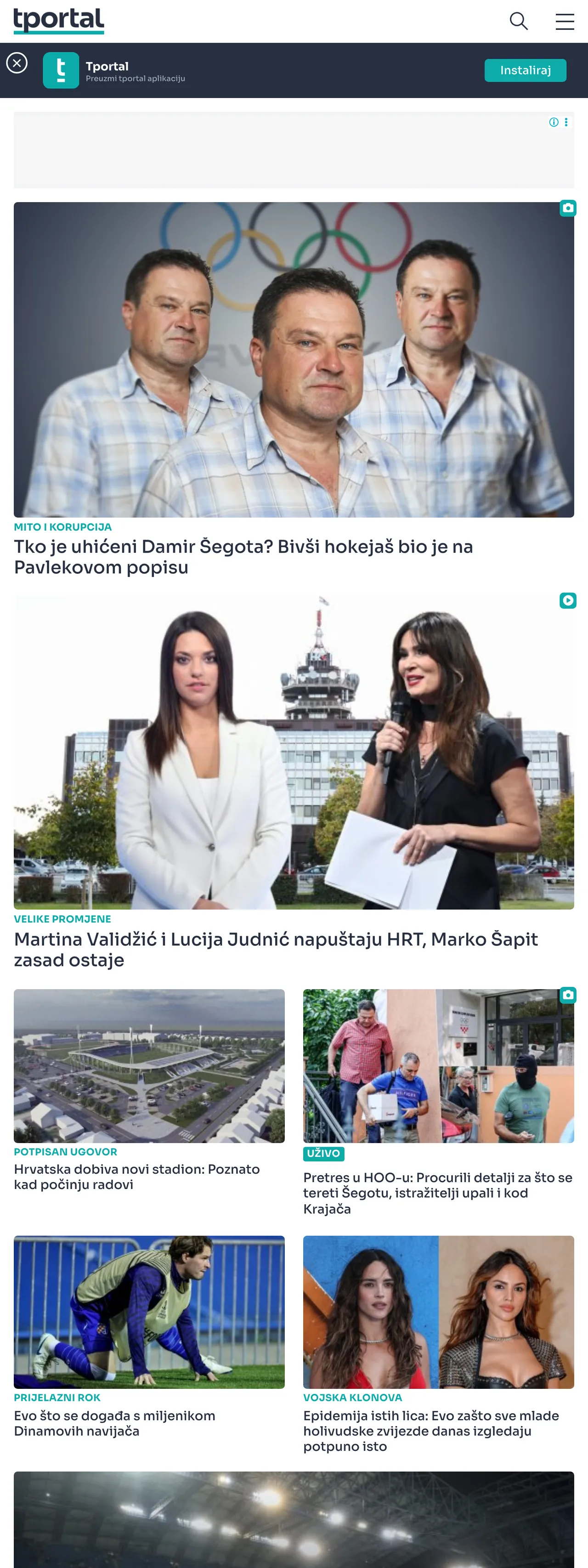 Screenshot of the tportal front page
