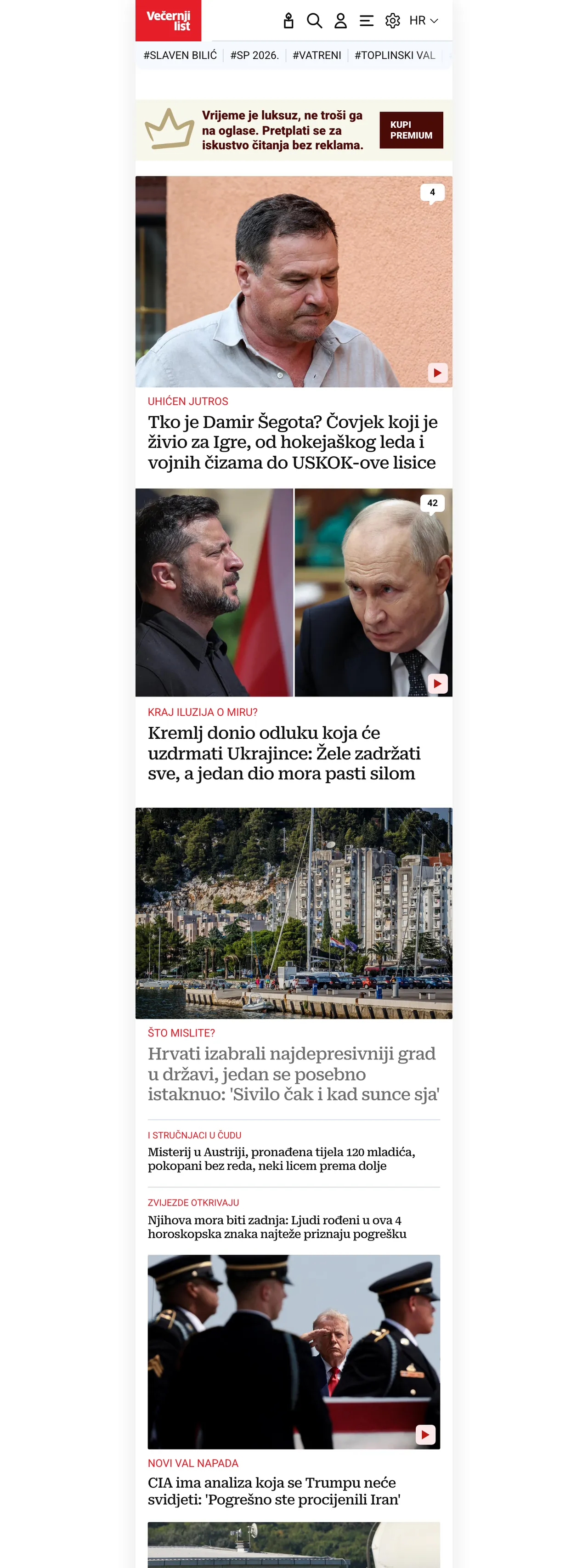 Screenshot of the Večernji list front page