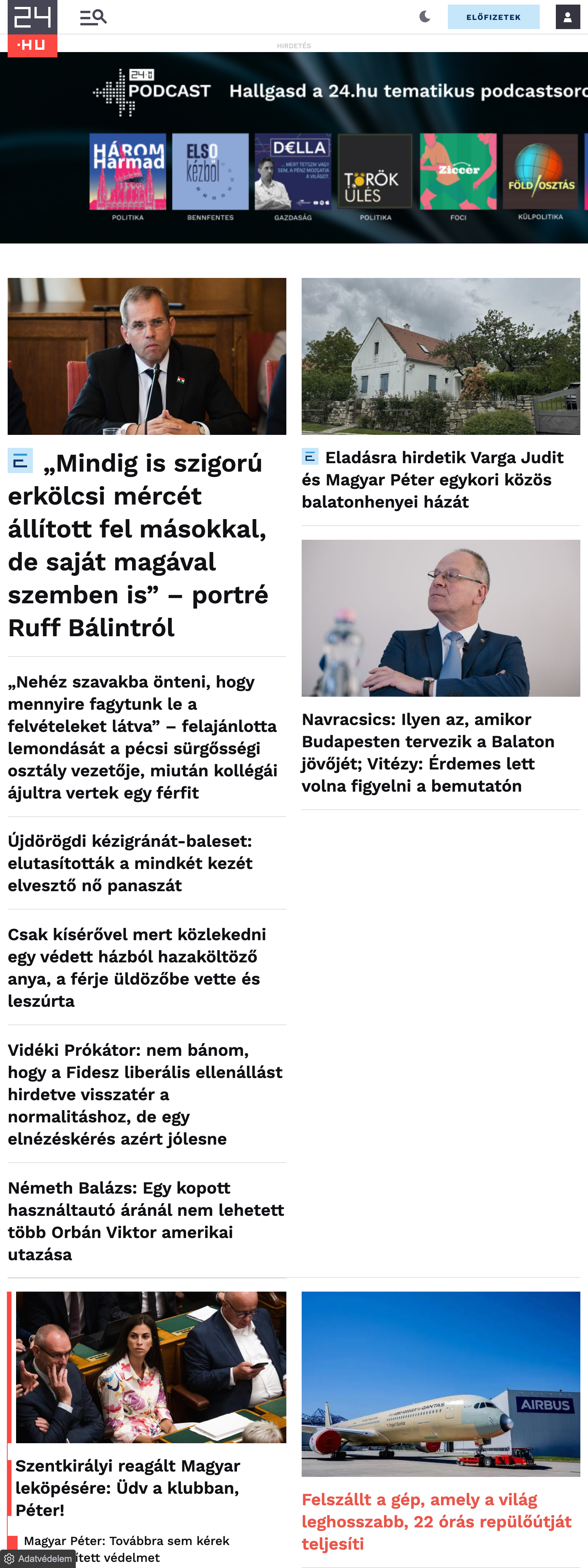Screenshot of the 24.hu front page