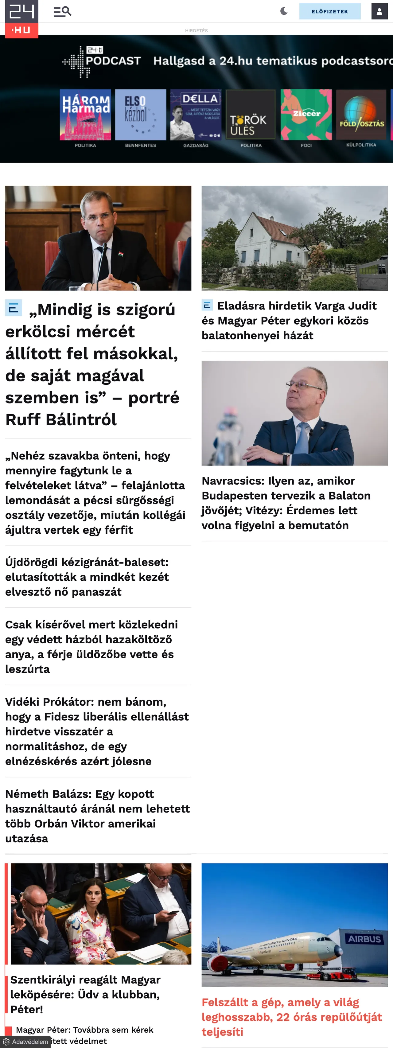 Screenshot of the 24.hu front page